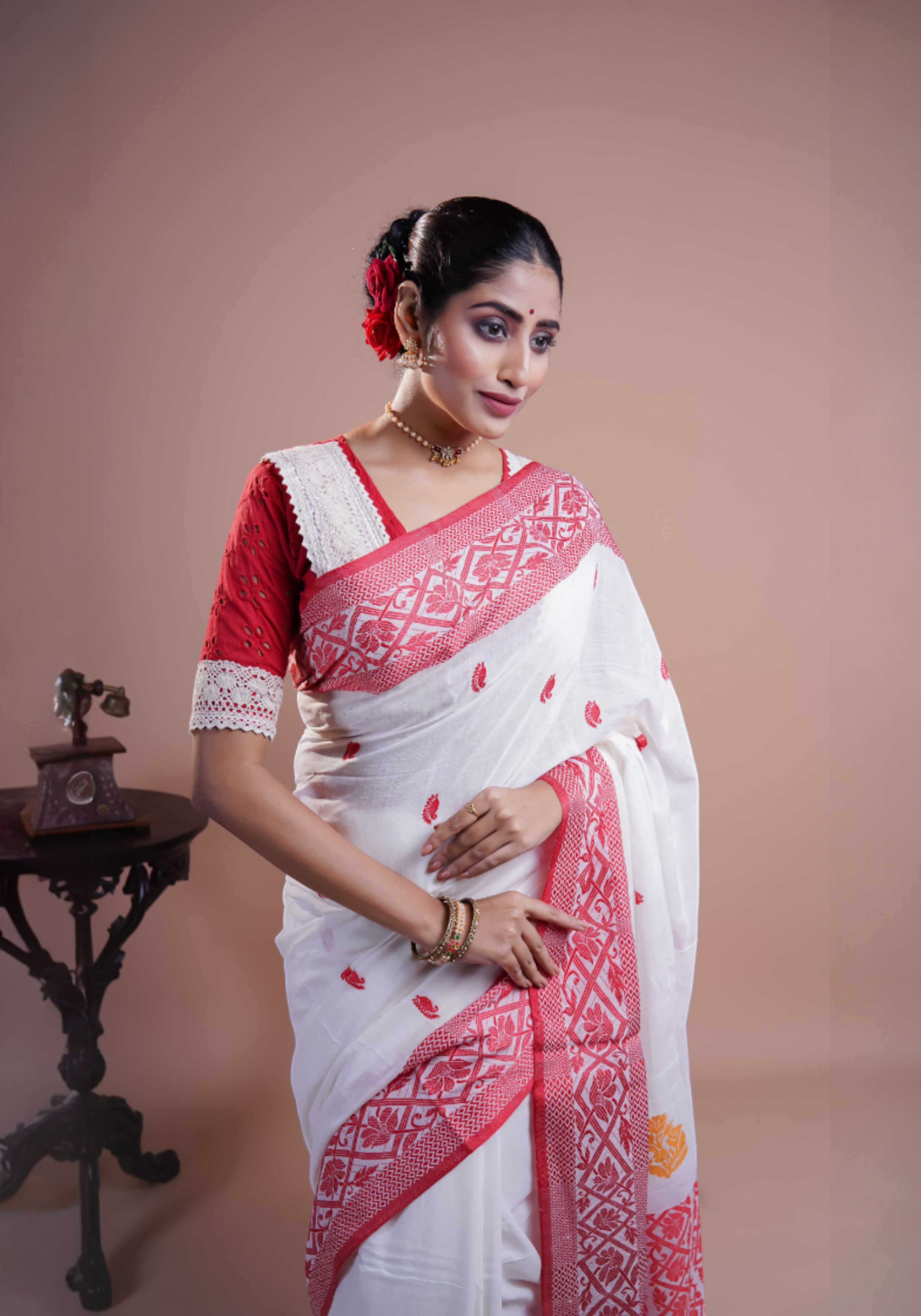 White & Red pure Mashrise Cotton handwoven saree