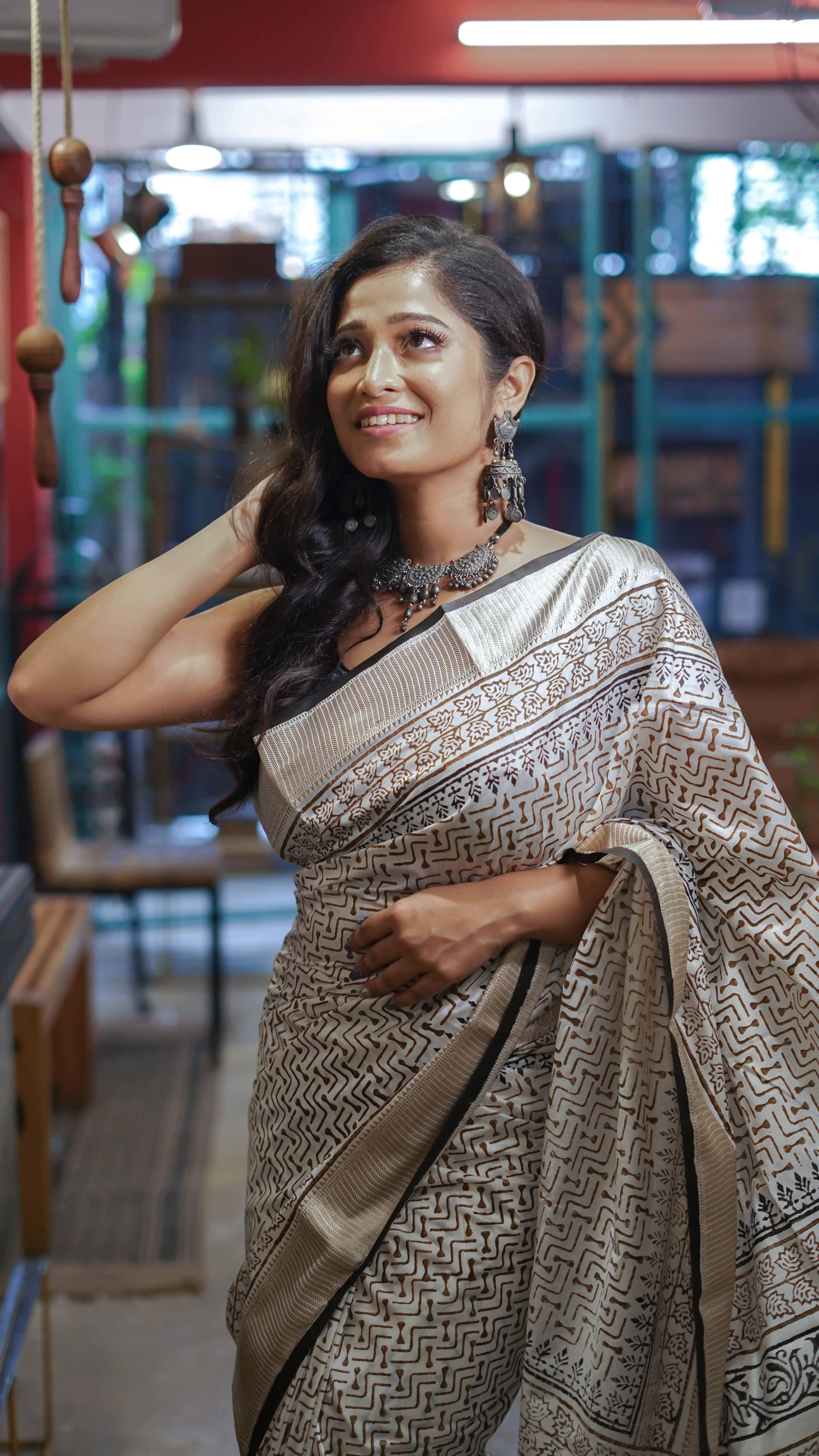 White & Black Hand printed dola silk saree