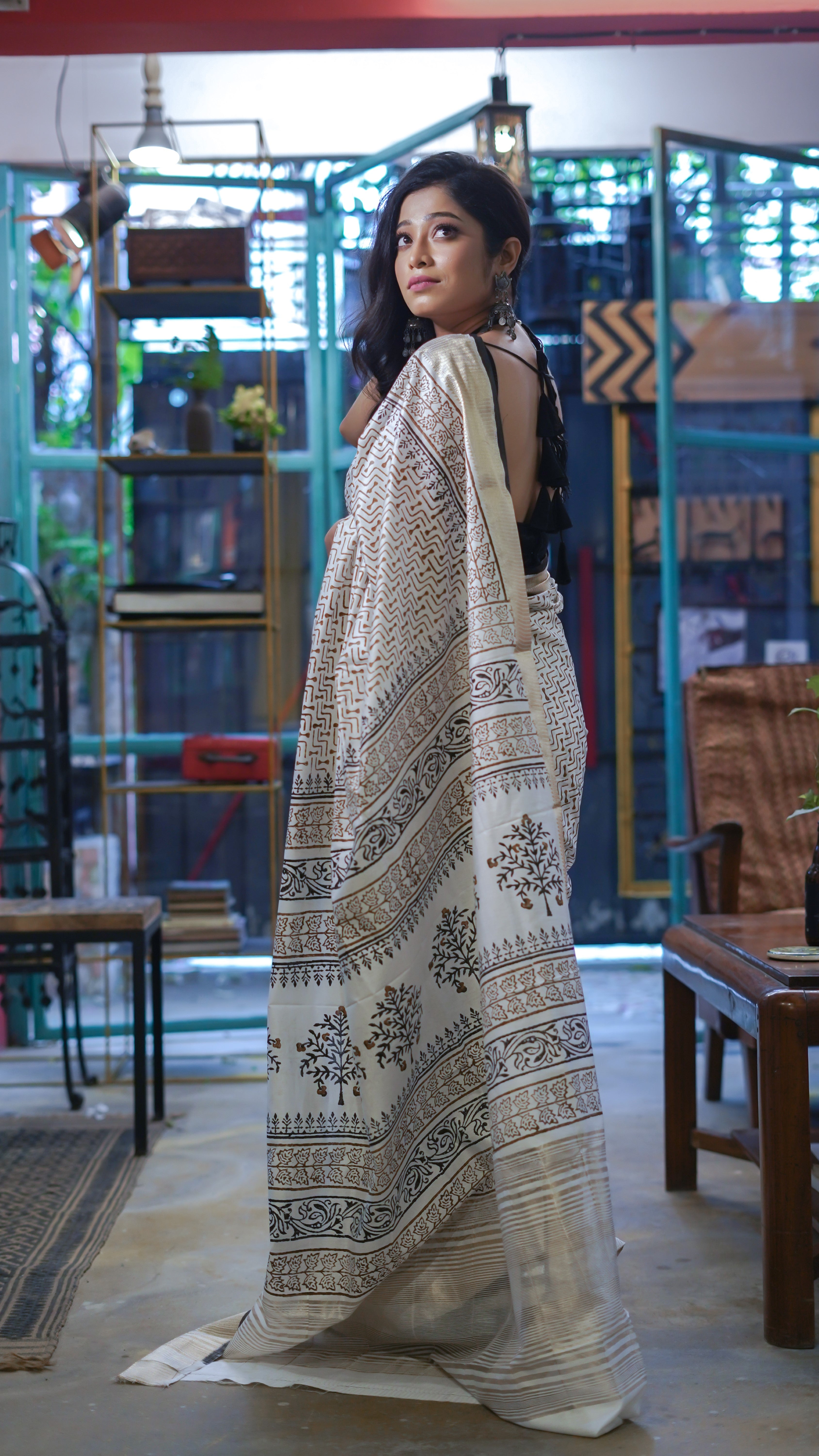 White & Black Hand printed dola silk saree