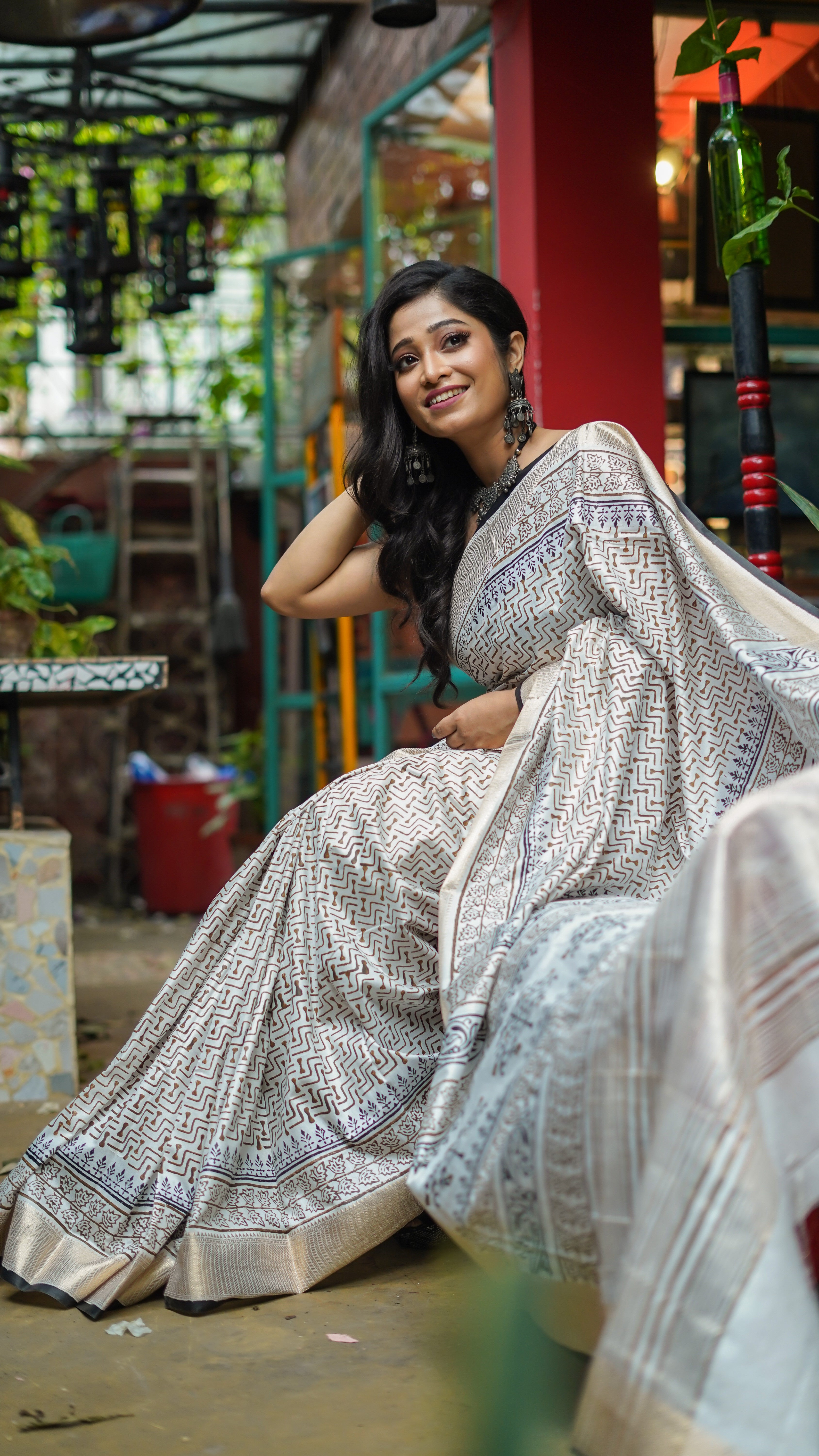 White & Black Hand printed dola silk saree