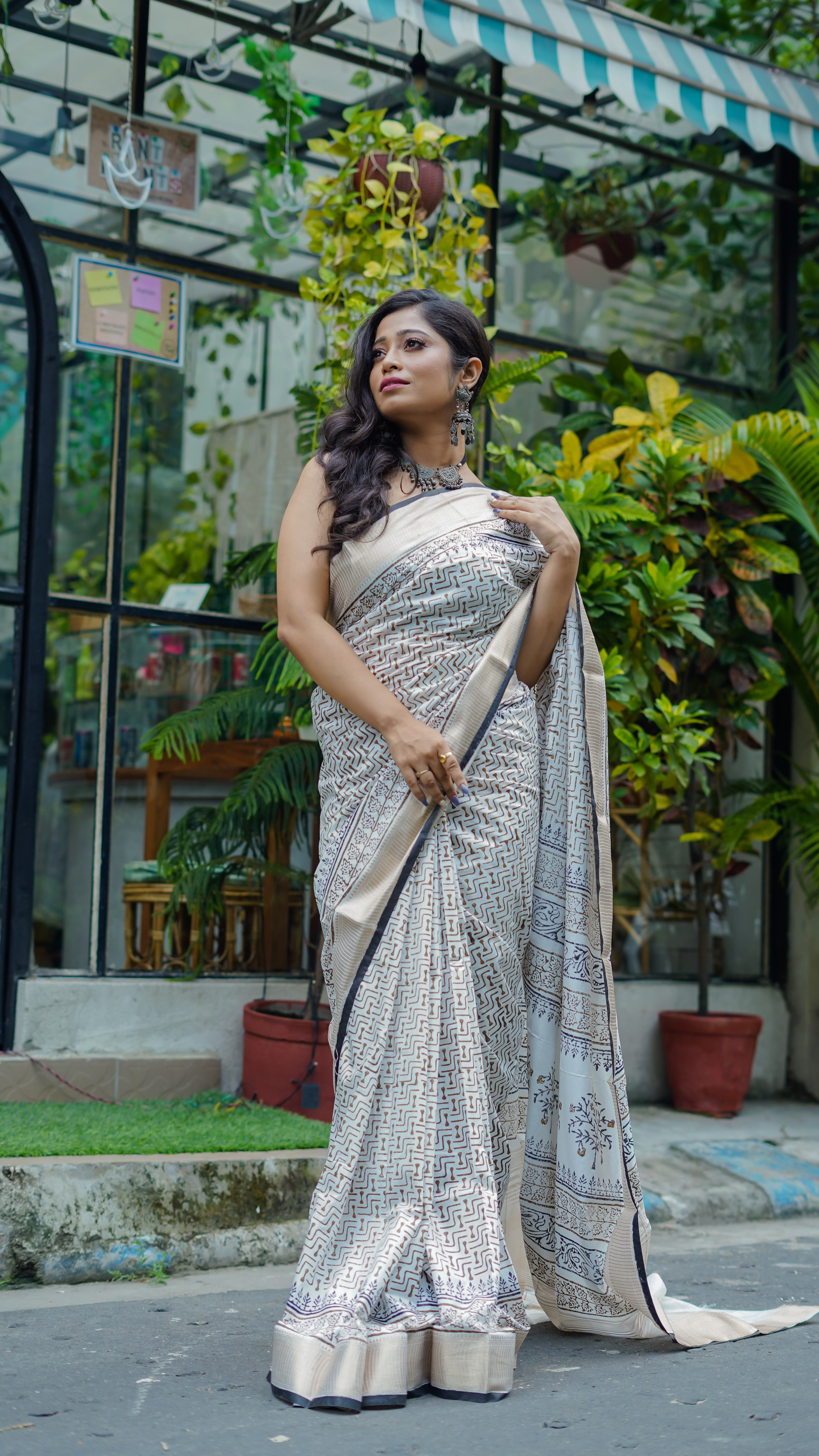 White & Black Hand printed dola silk saree