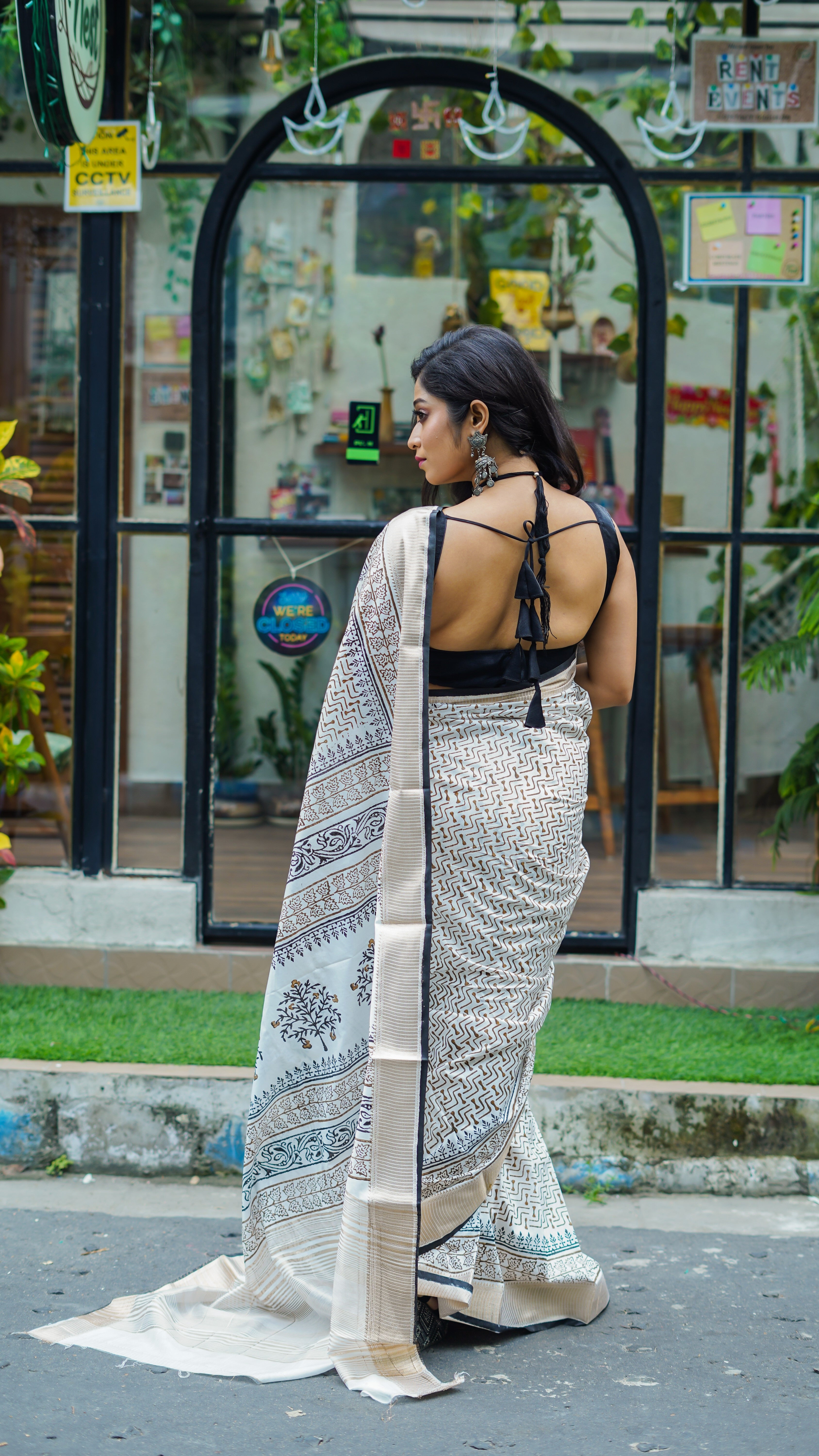 White & Black Hand printed dola silk saree