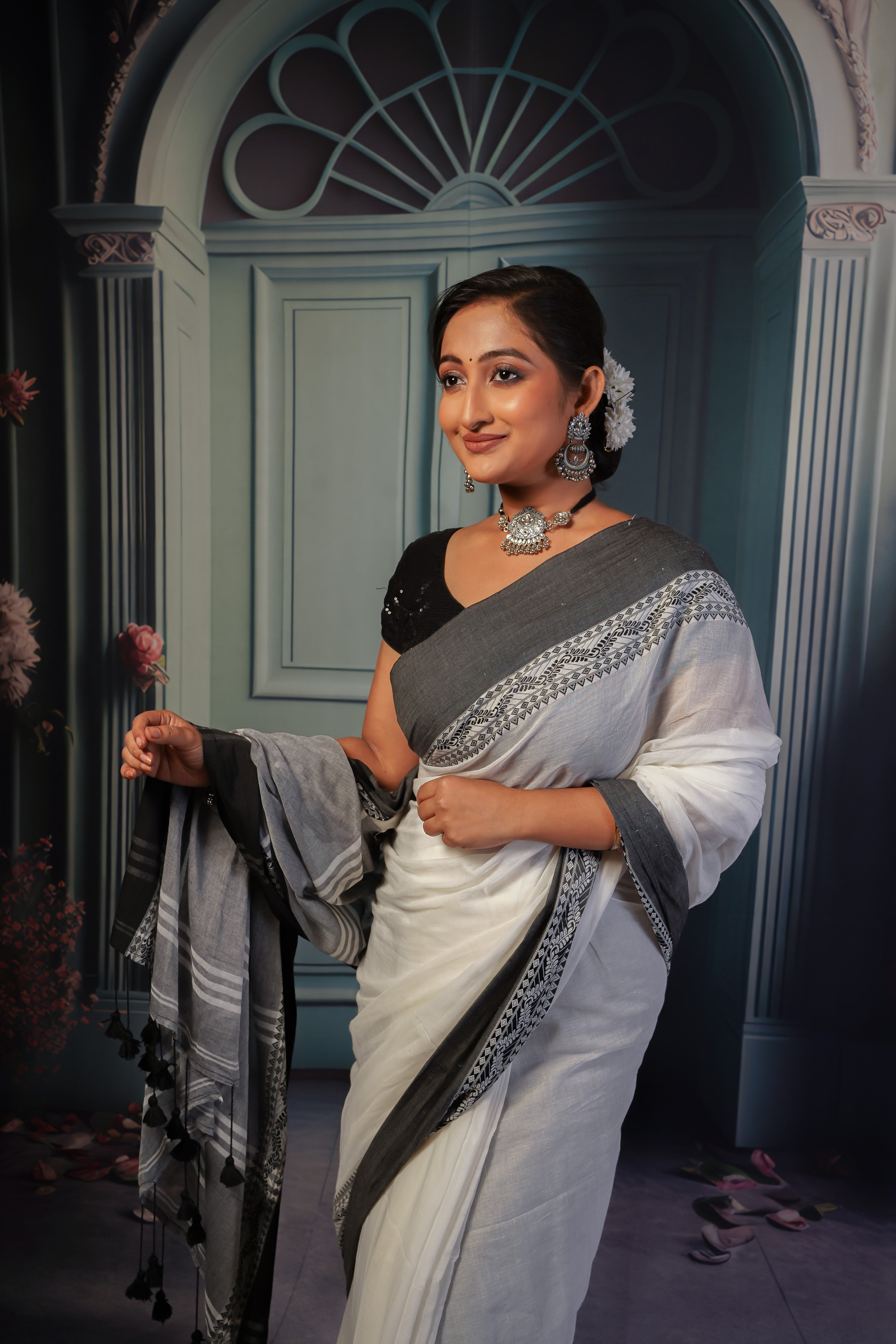 White & Black pure mulmul cotton saree