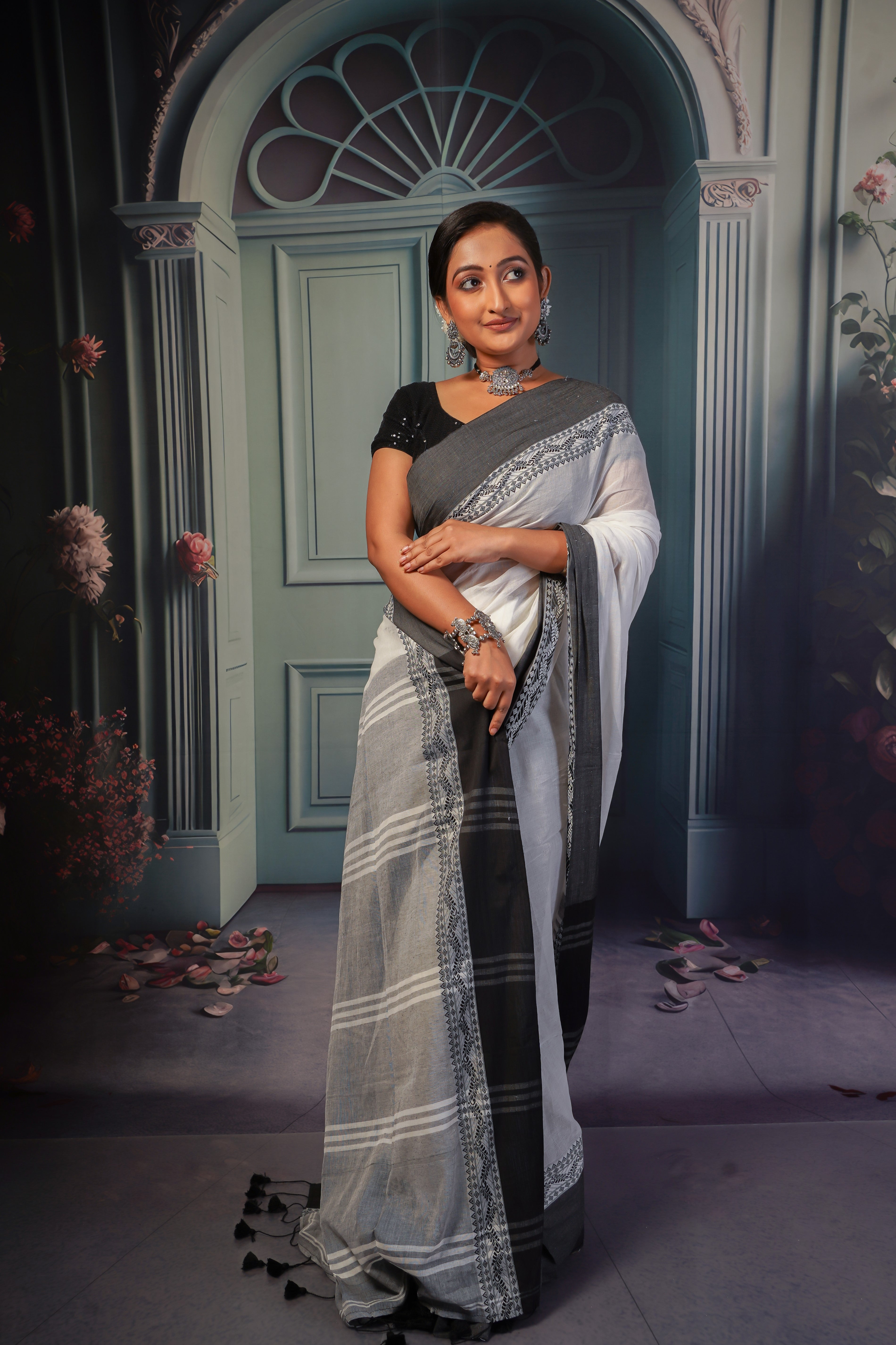 White & Black pure mulmul cotton saree