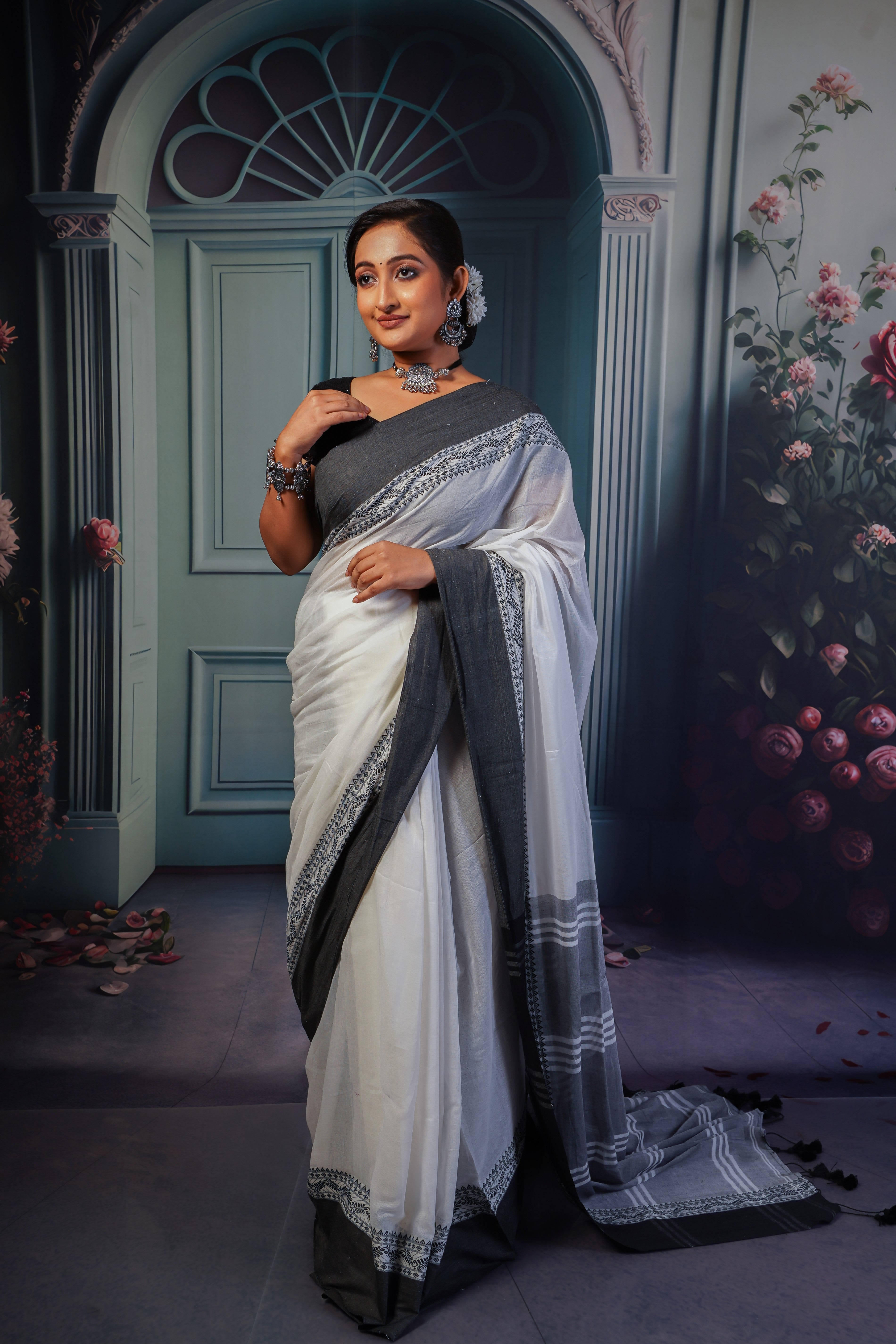 White & Black pure mulmul cotton saree