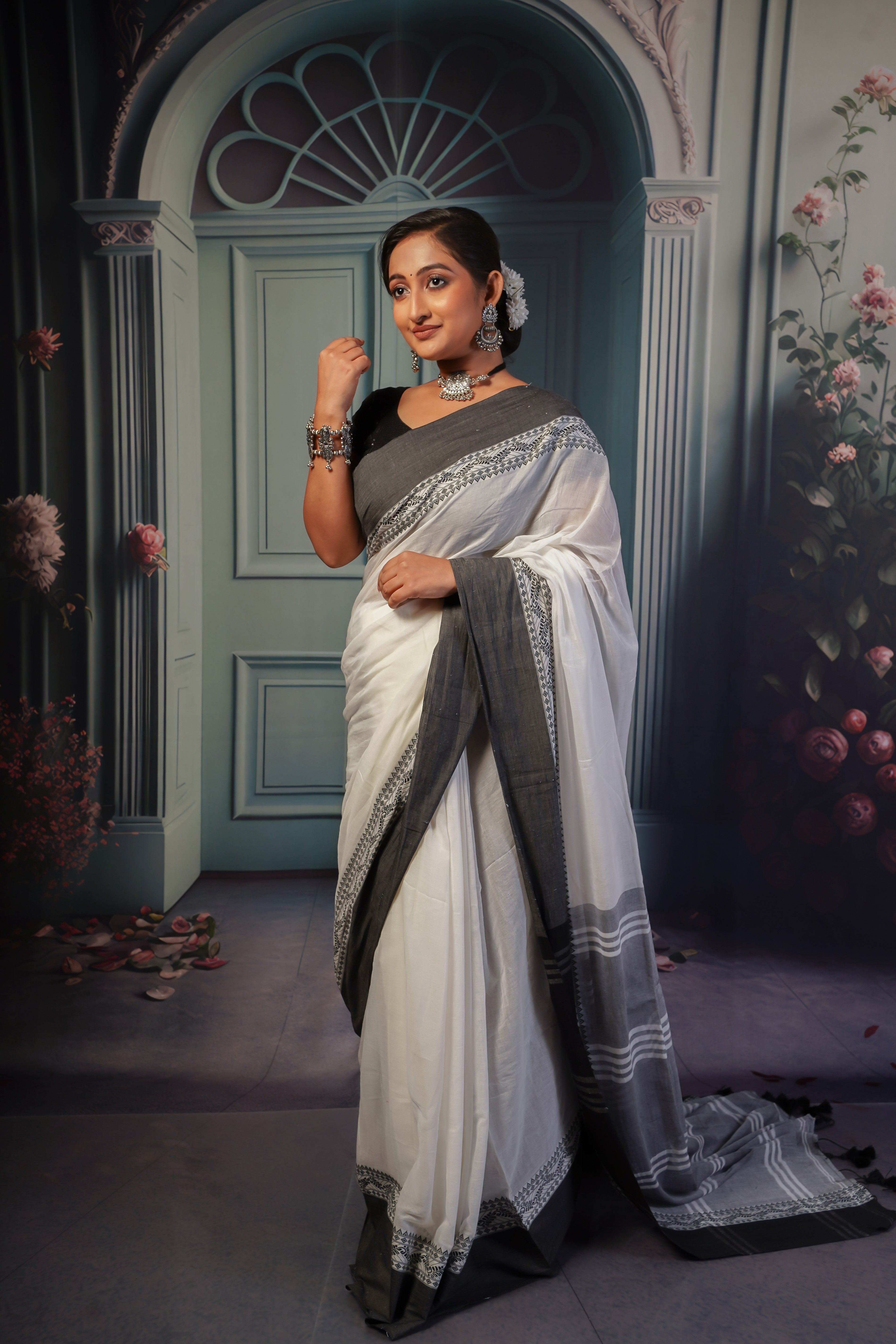 White & Black pure mulmul cotton saree