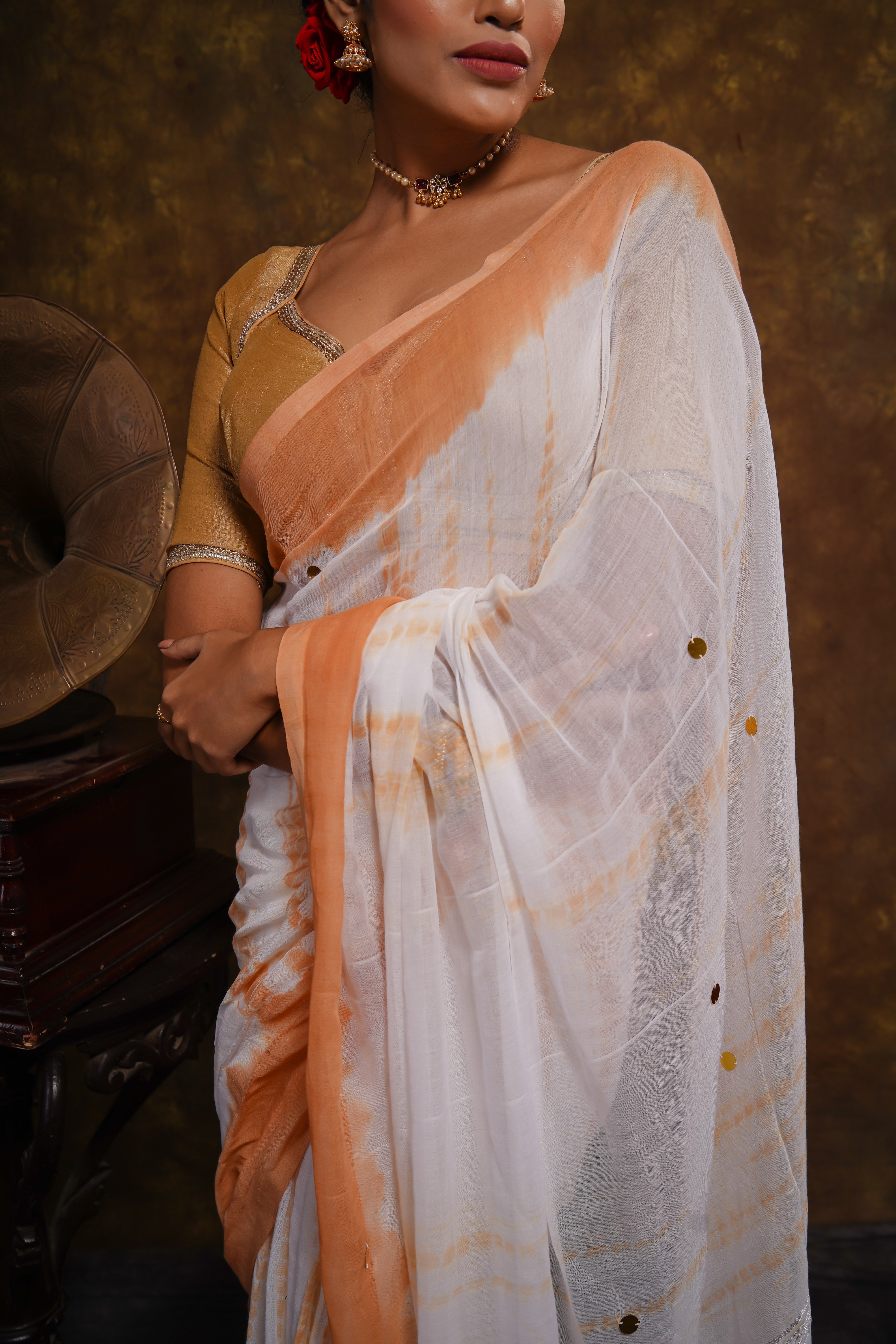 White & Caffe Latte Shibori Gini Work Pure Mul Cotton Saree