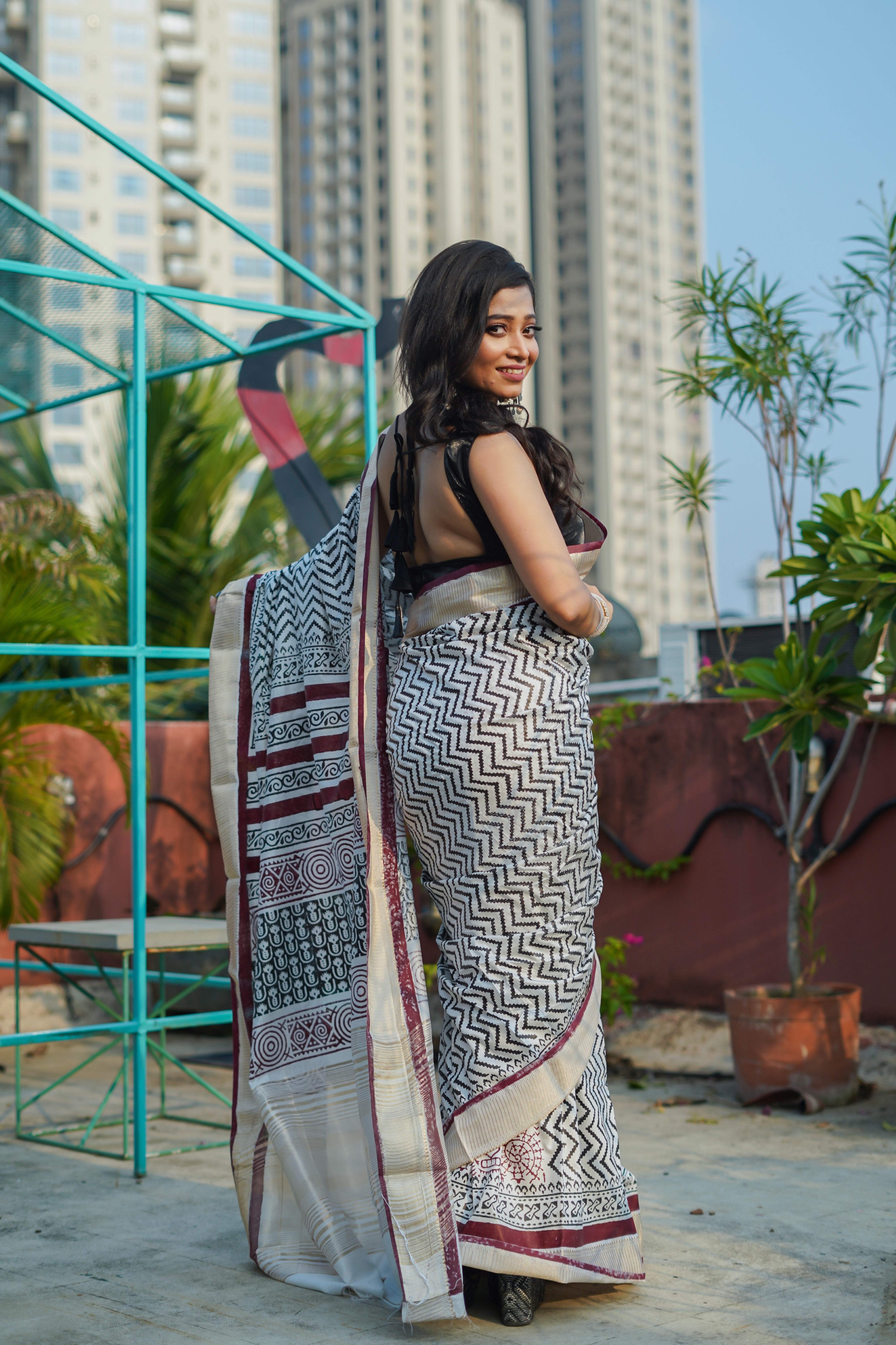 White & Maroon Hand printed dola silk saree