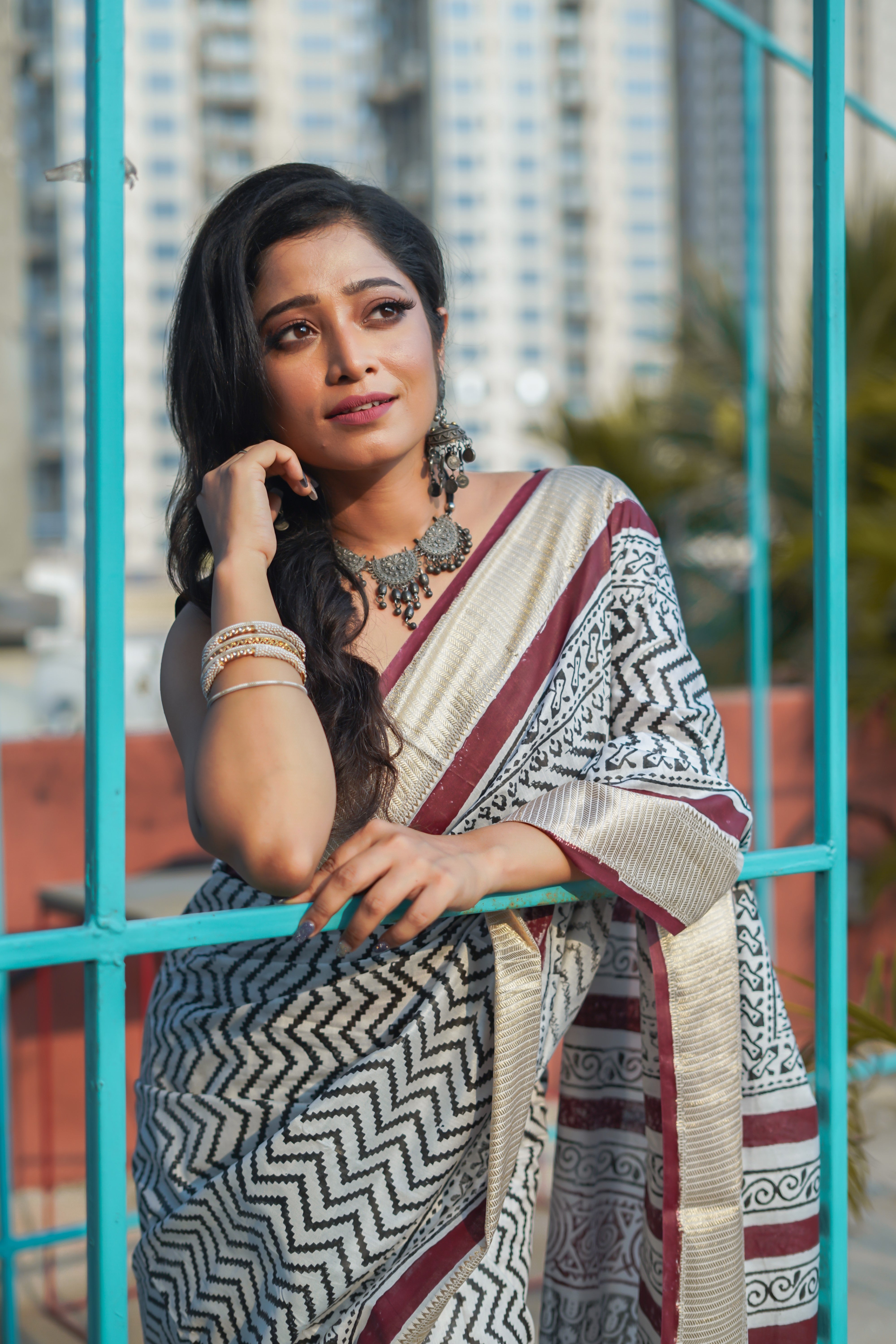 White & Maroon Hand printed dola silk saree