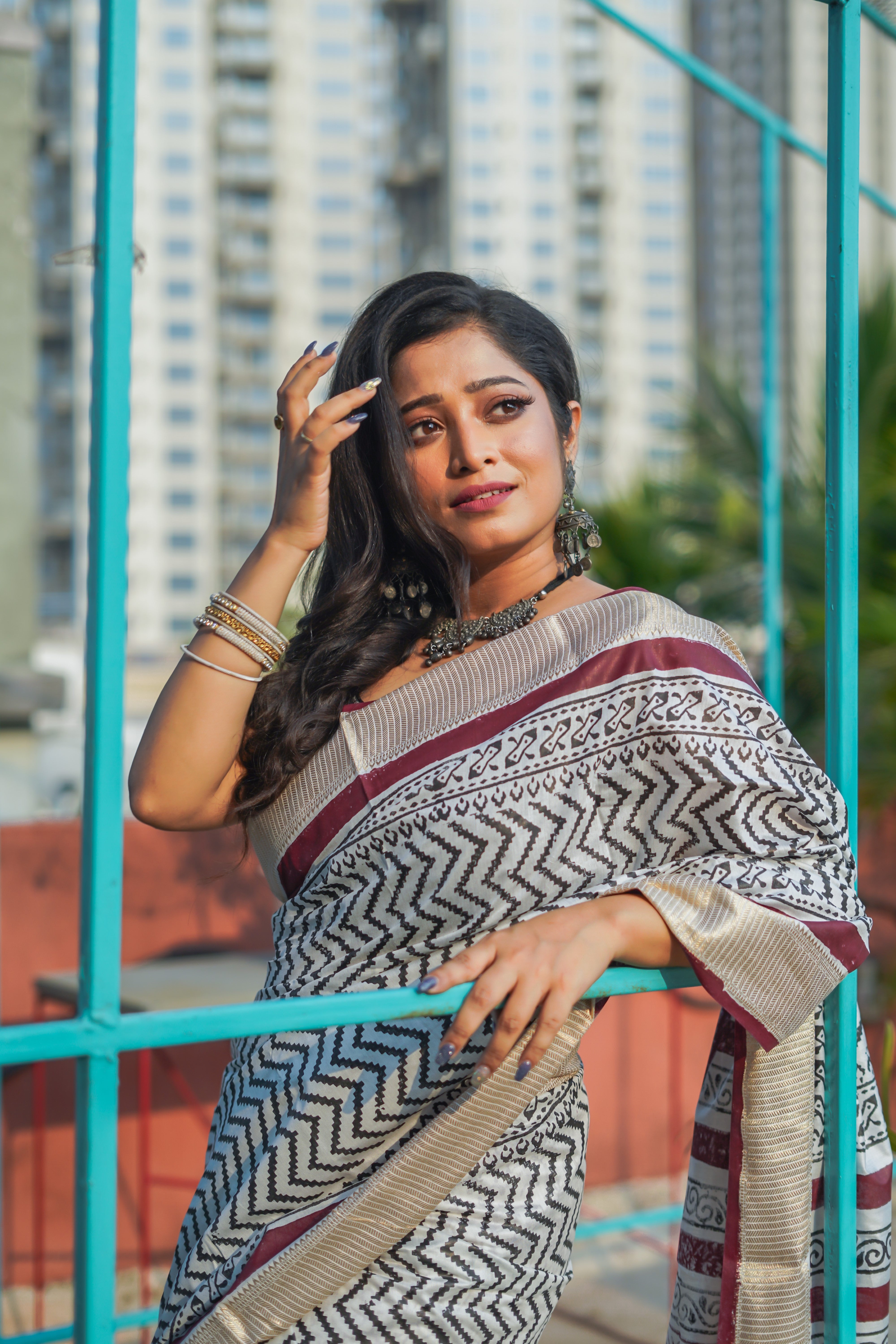 White & Maroon Hand printed dola silk saree