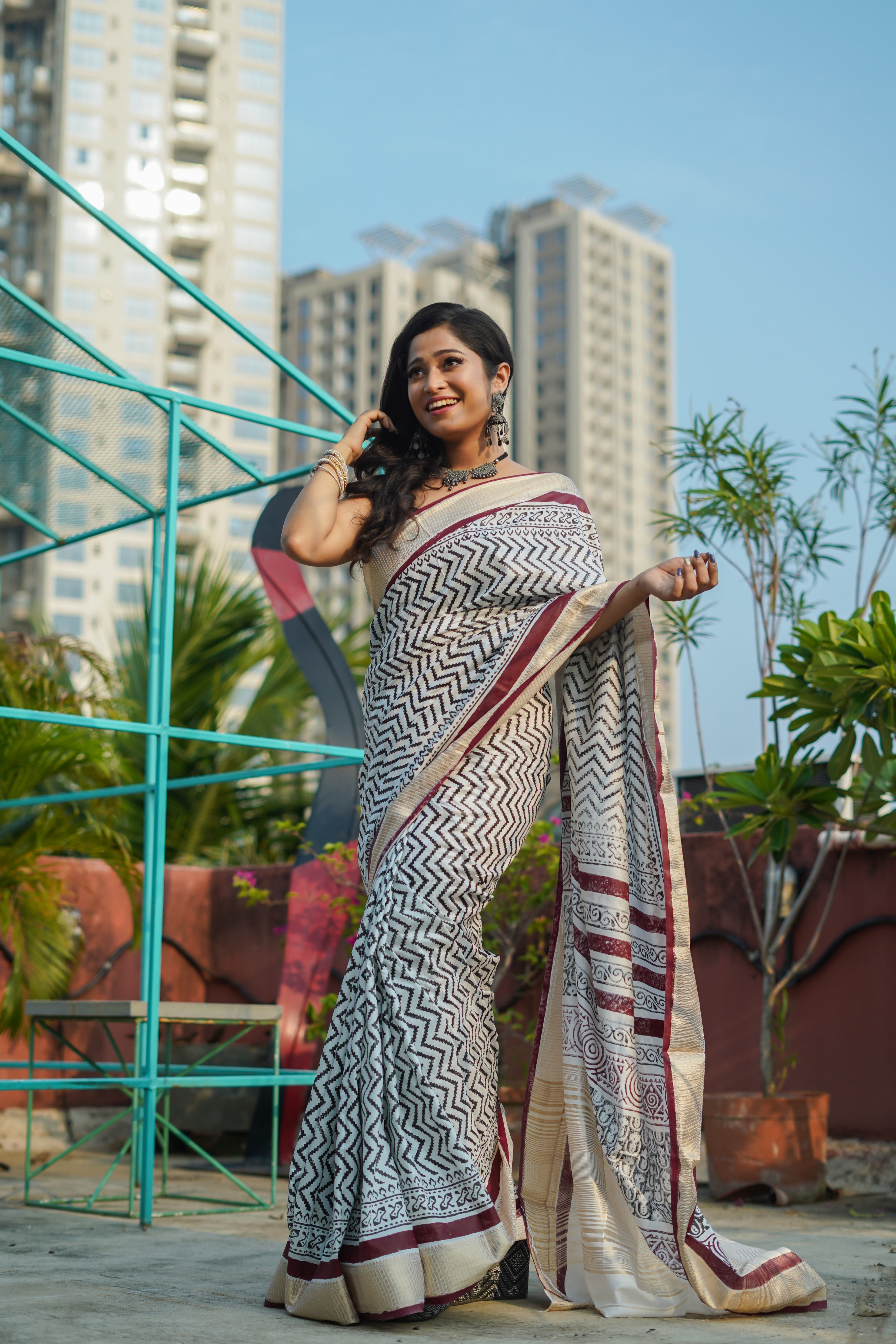 White & Maroon Hand printed dola silk saree