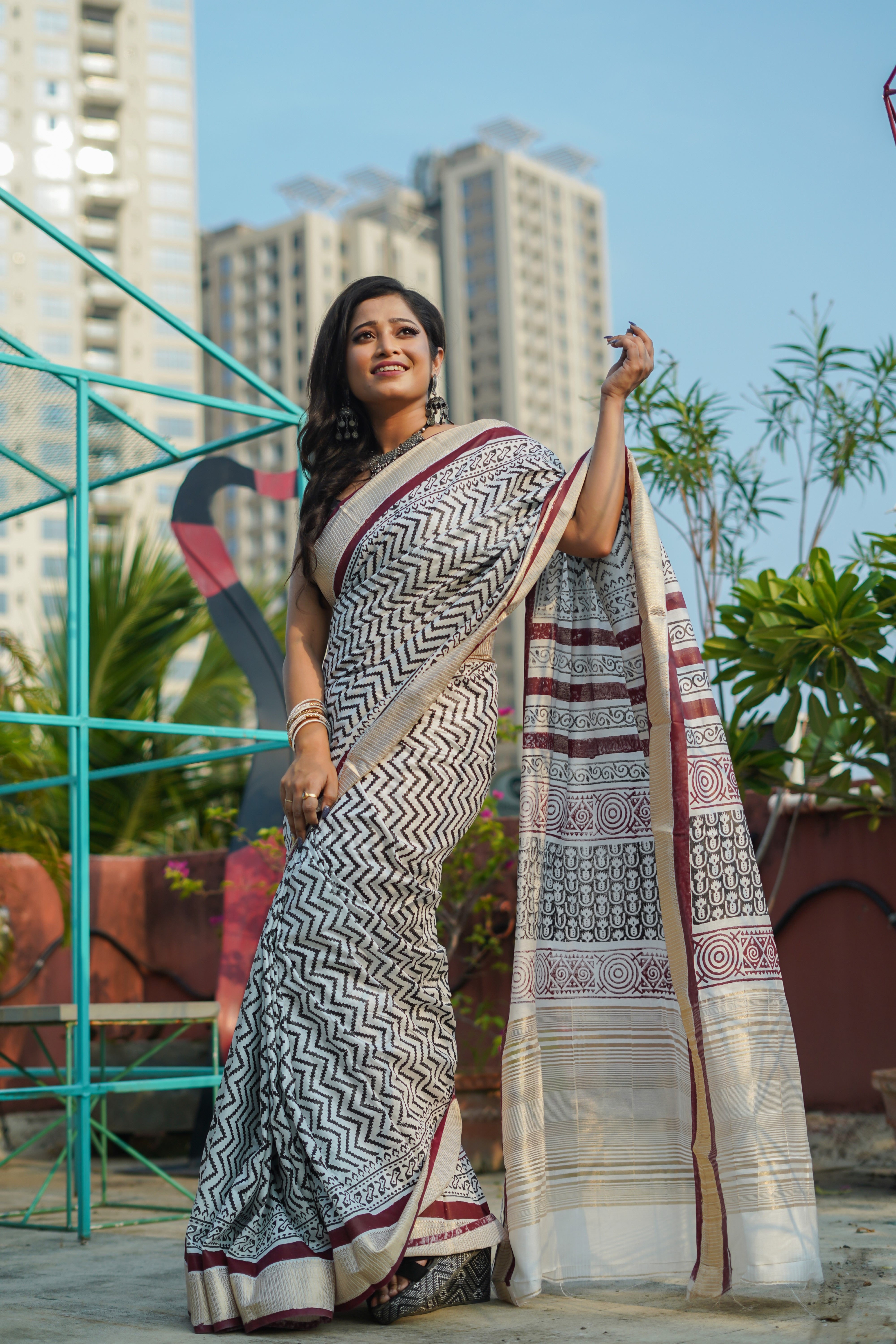 White & Maroon Hand printed dola silk saree