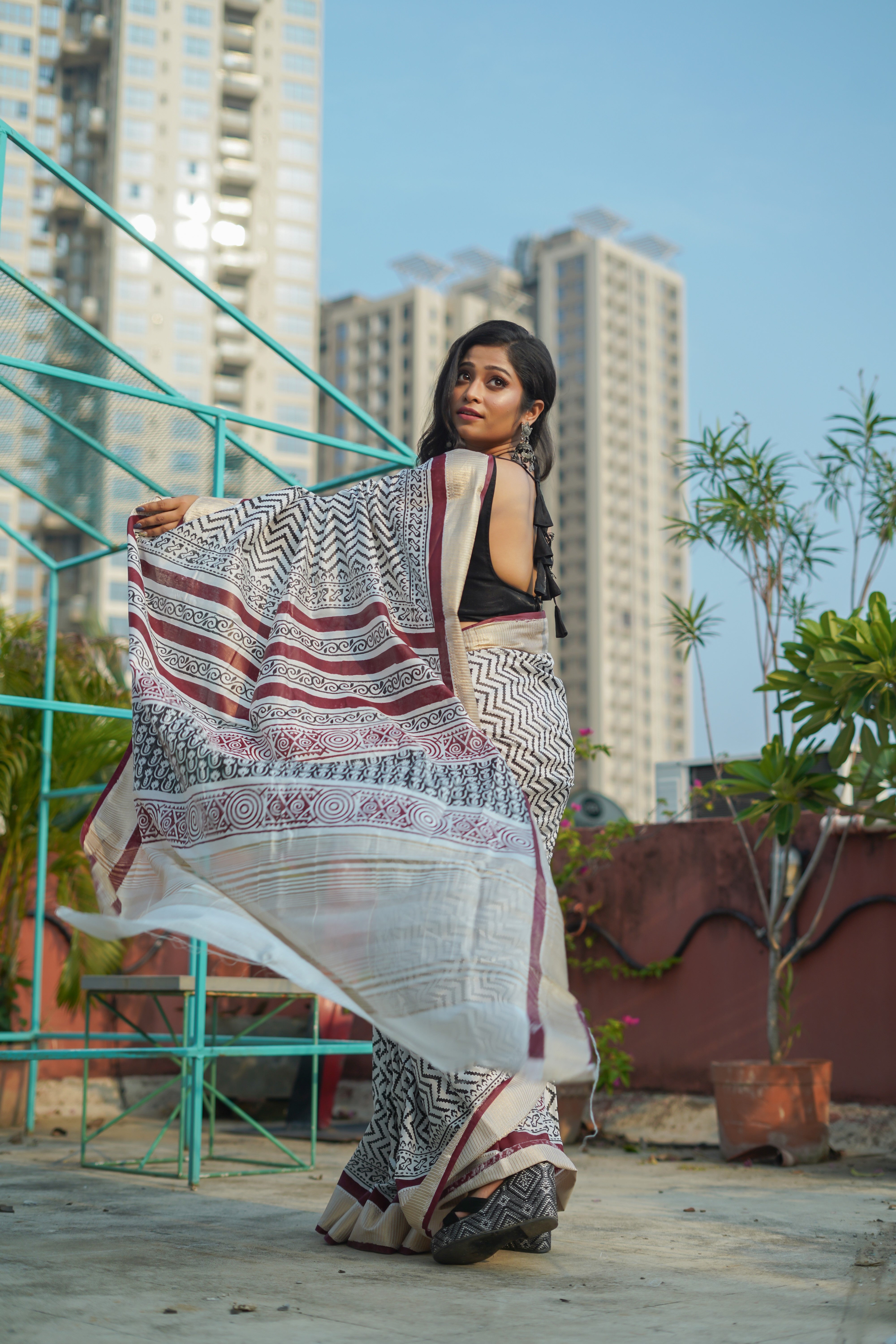 White & Maroon Hand printed dola silk saree