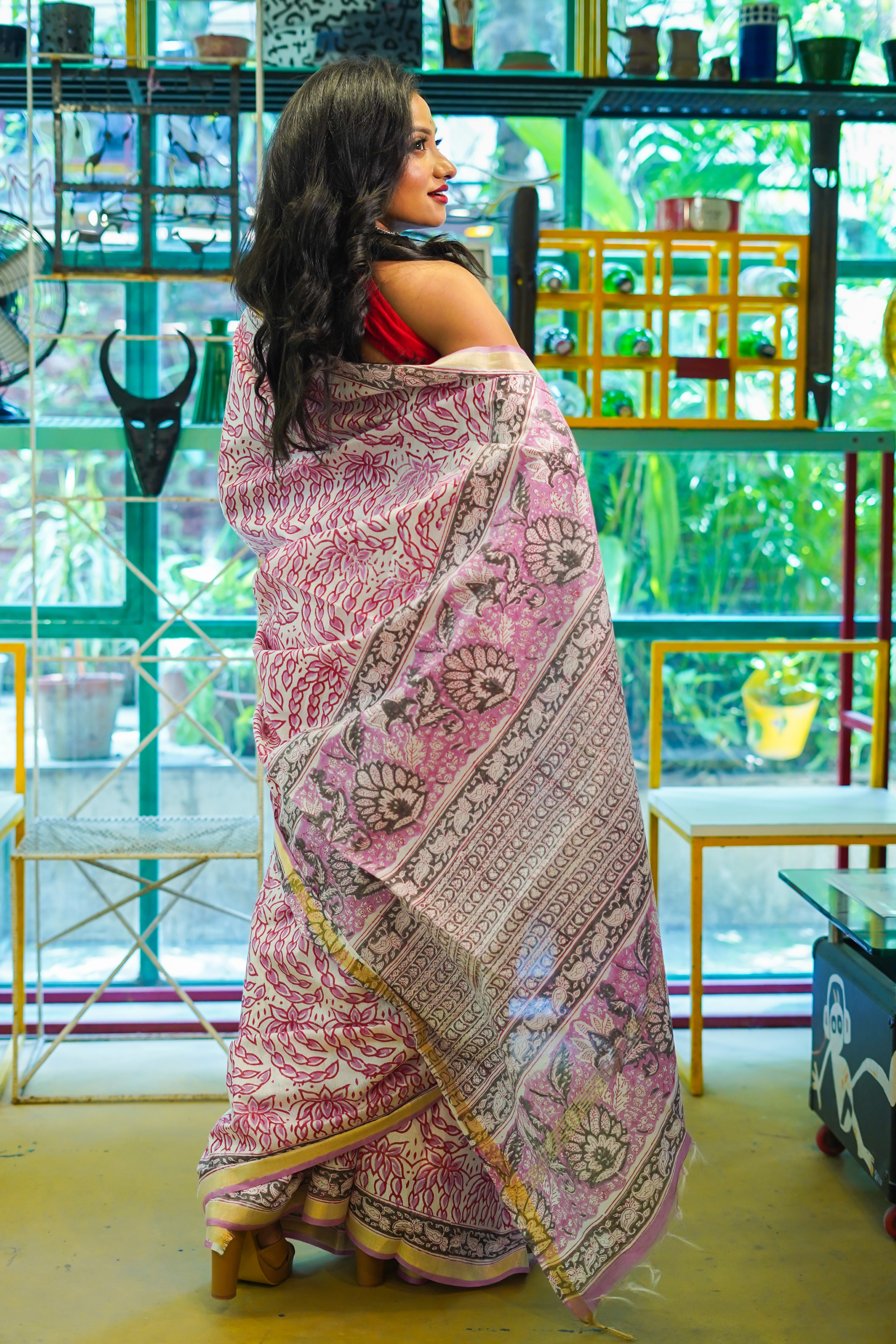 White & Pink  hand block pure Maheswari silk saree