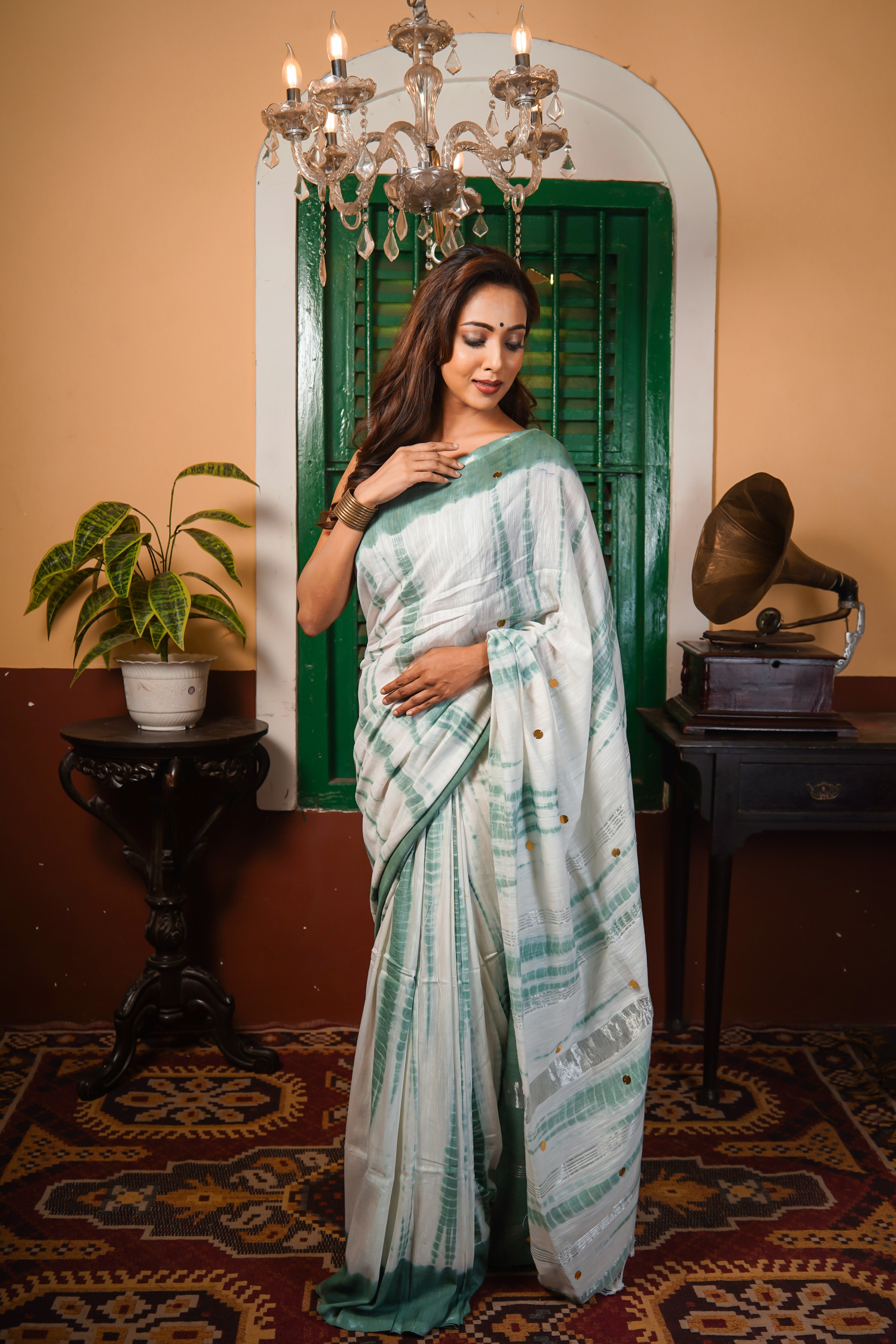 White & Pistachio Shibori Gini Work Pure Mul Cotton Saree