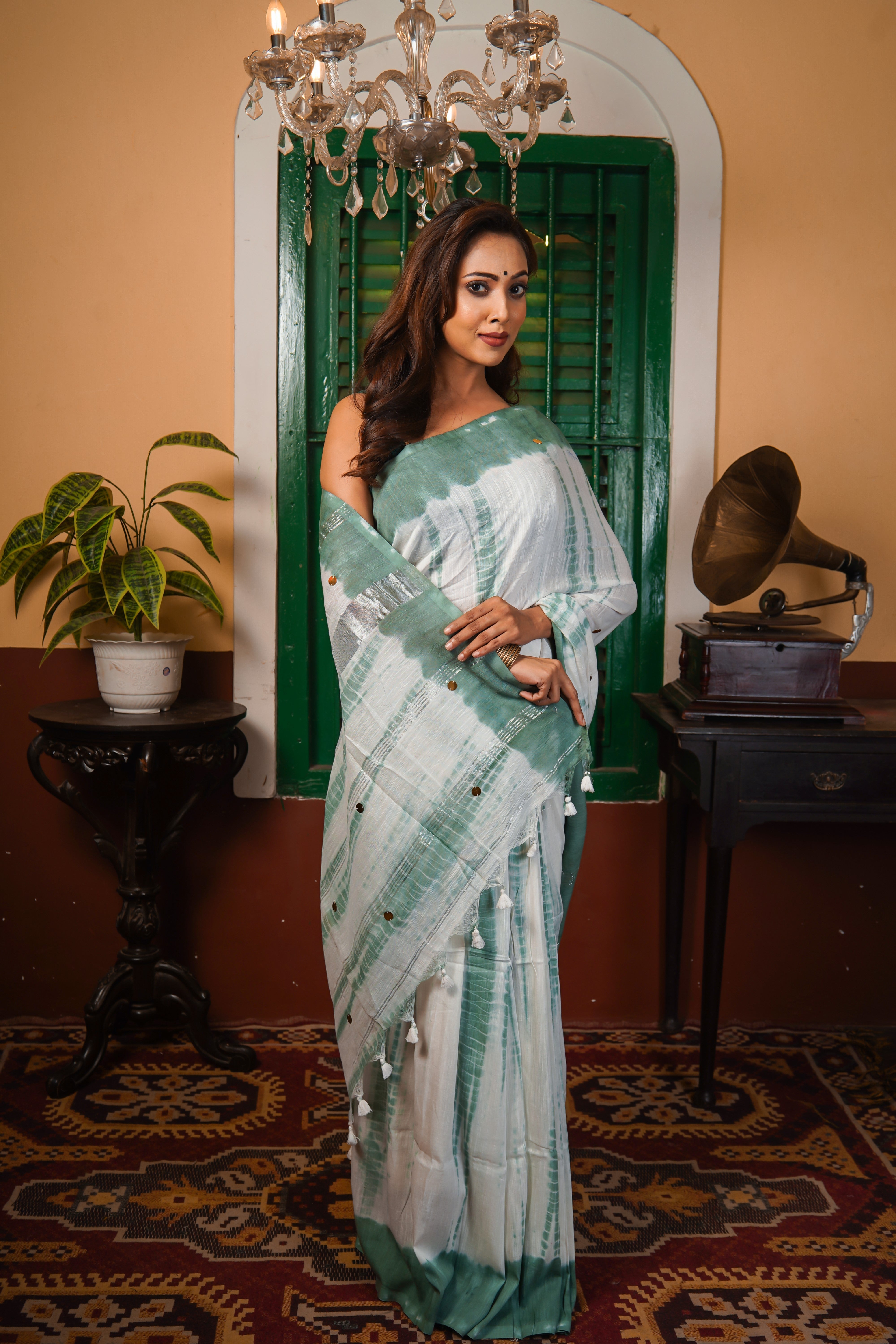 White & Pistachio Shibori Gini Work Pure Mul Cotton Saree