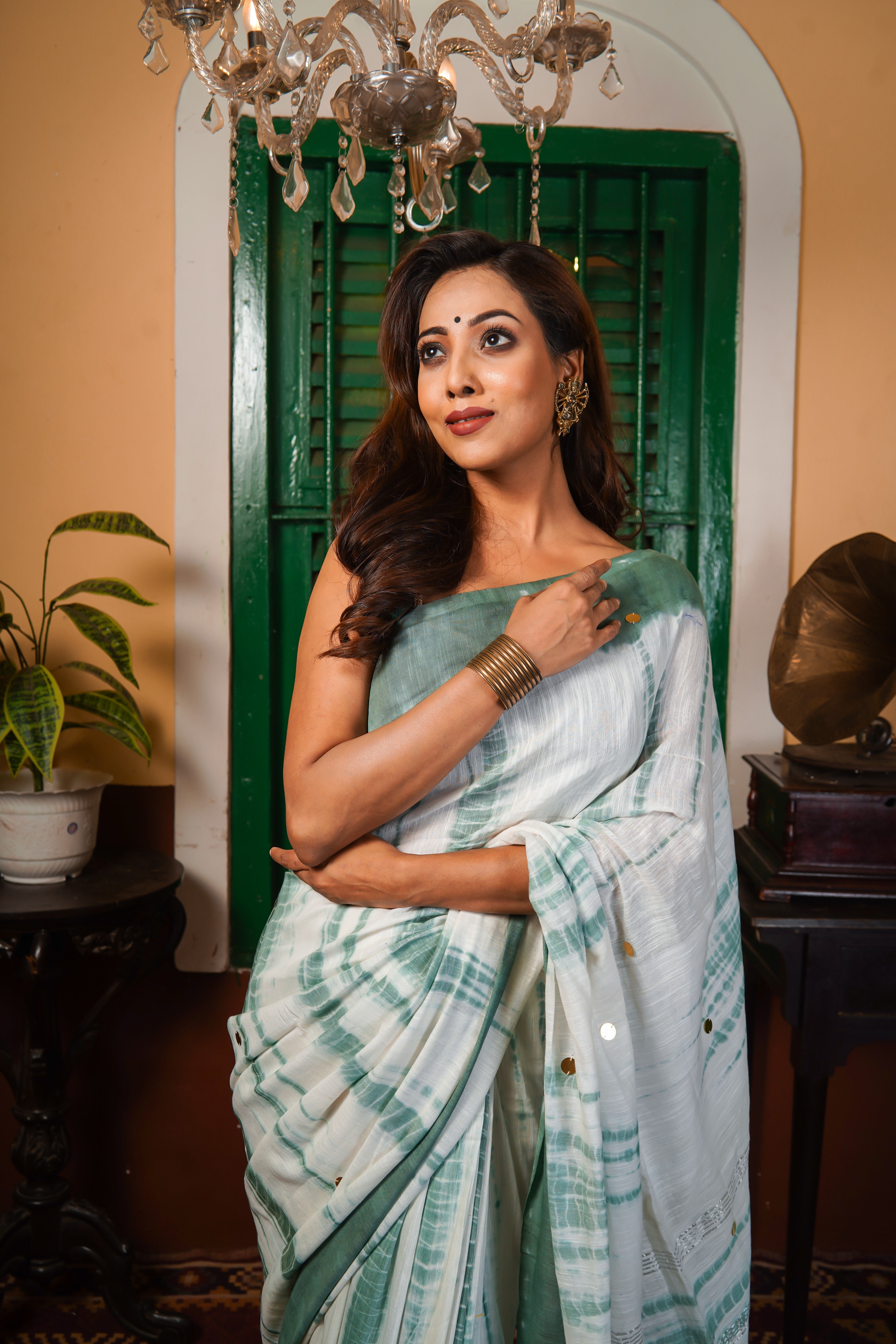 White & Pistachio Shibori Gini Work Pure Mul Cotton Saree