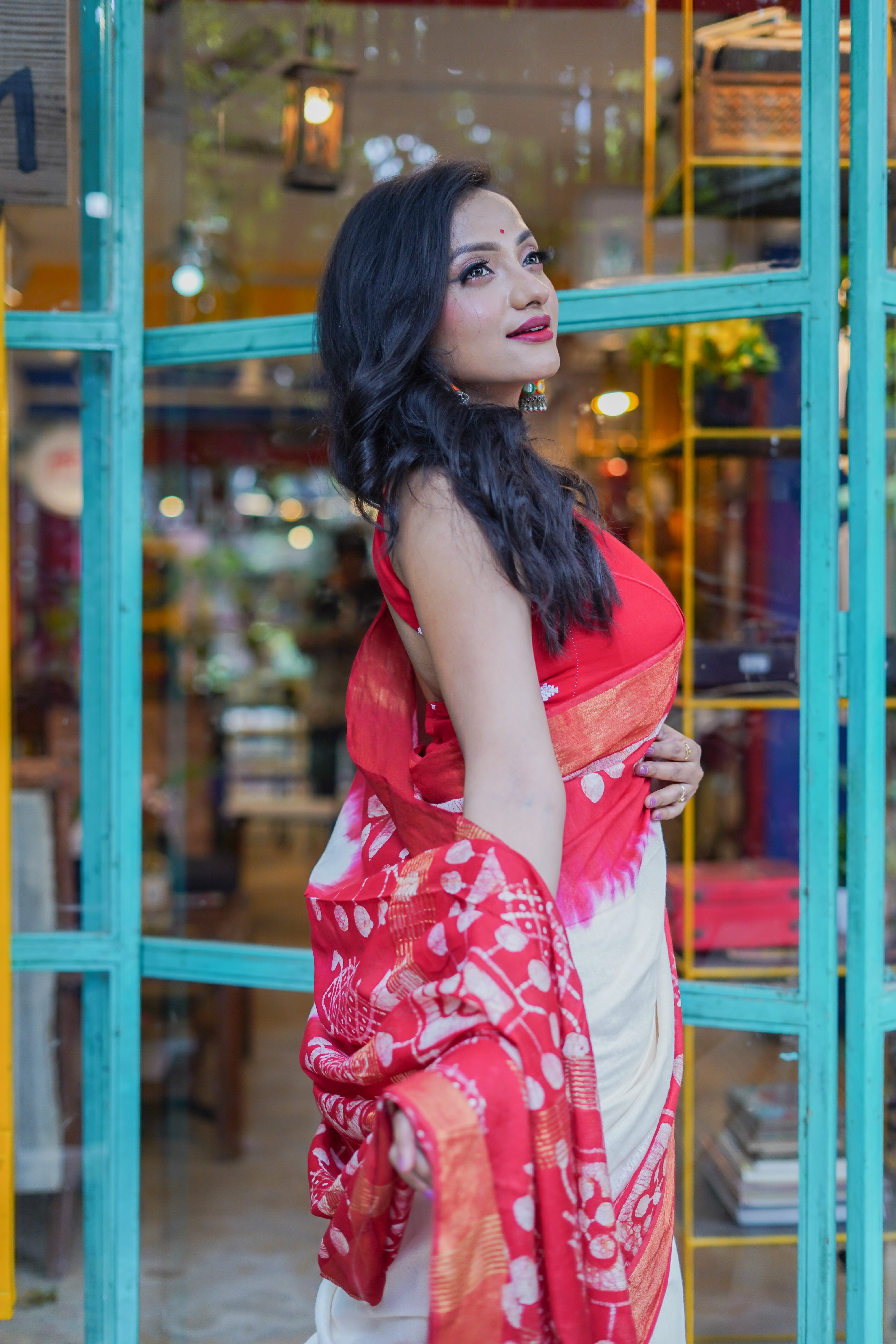 White & Red handblock pure chanderi silk saree