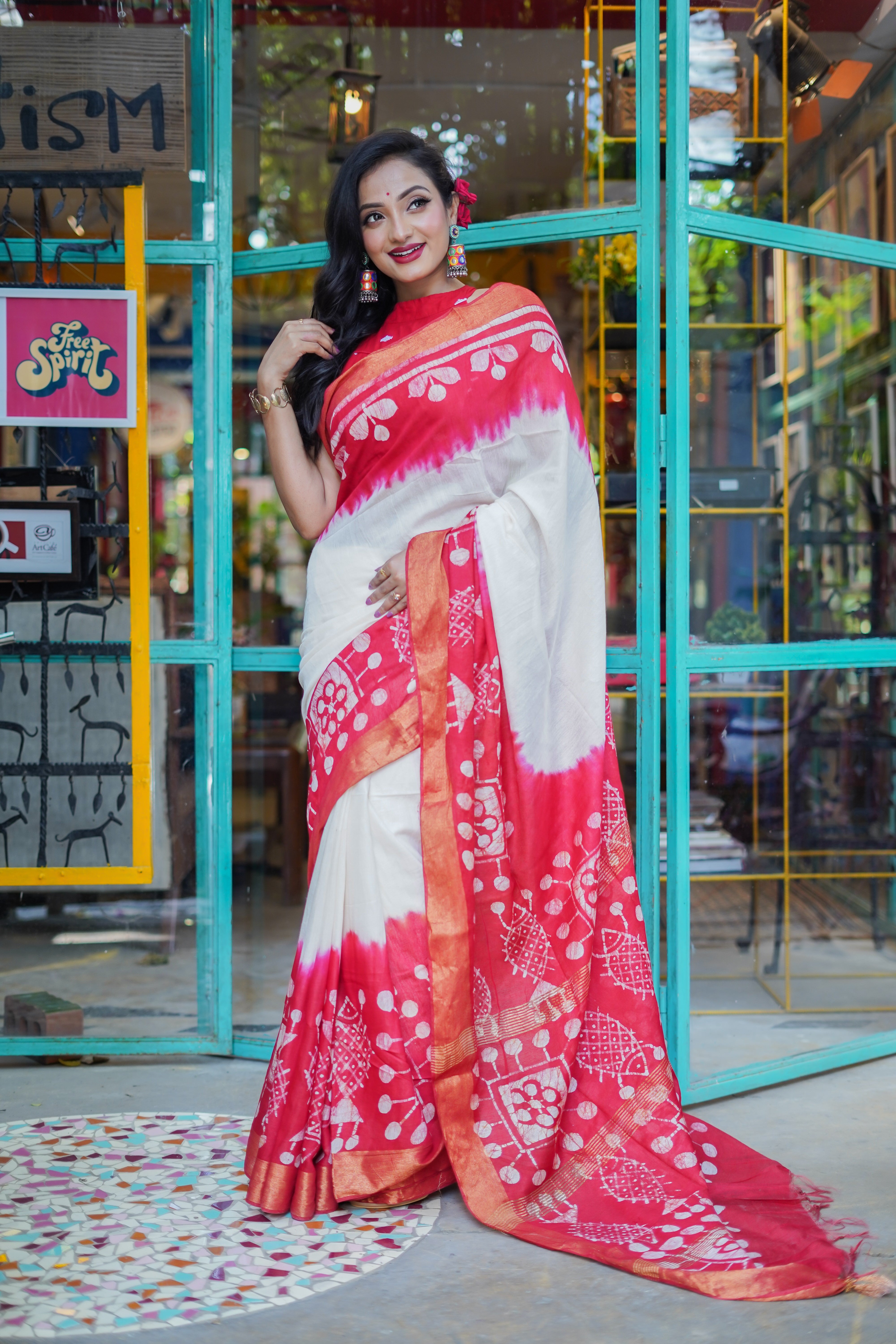 White & Red handblock pure chanderi silk saree