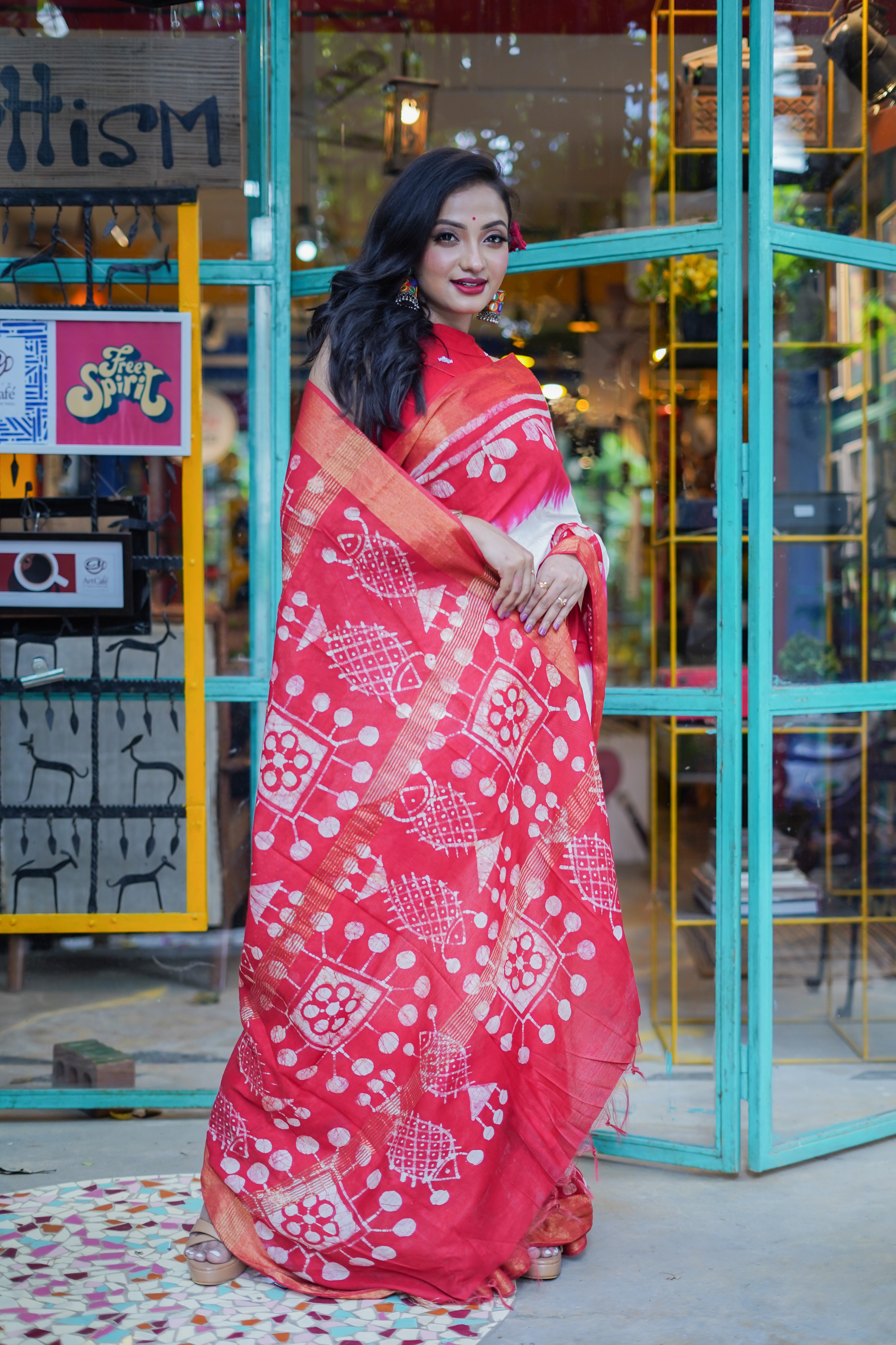 White & Red handblock pure chanderi silk saree