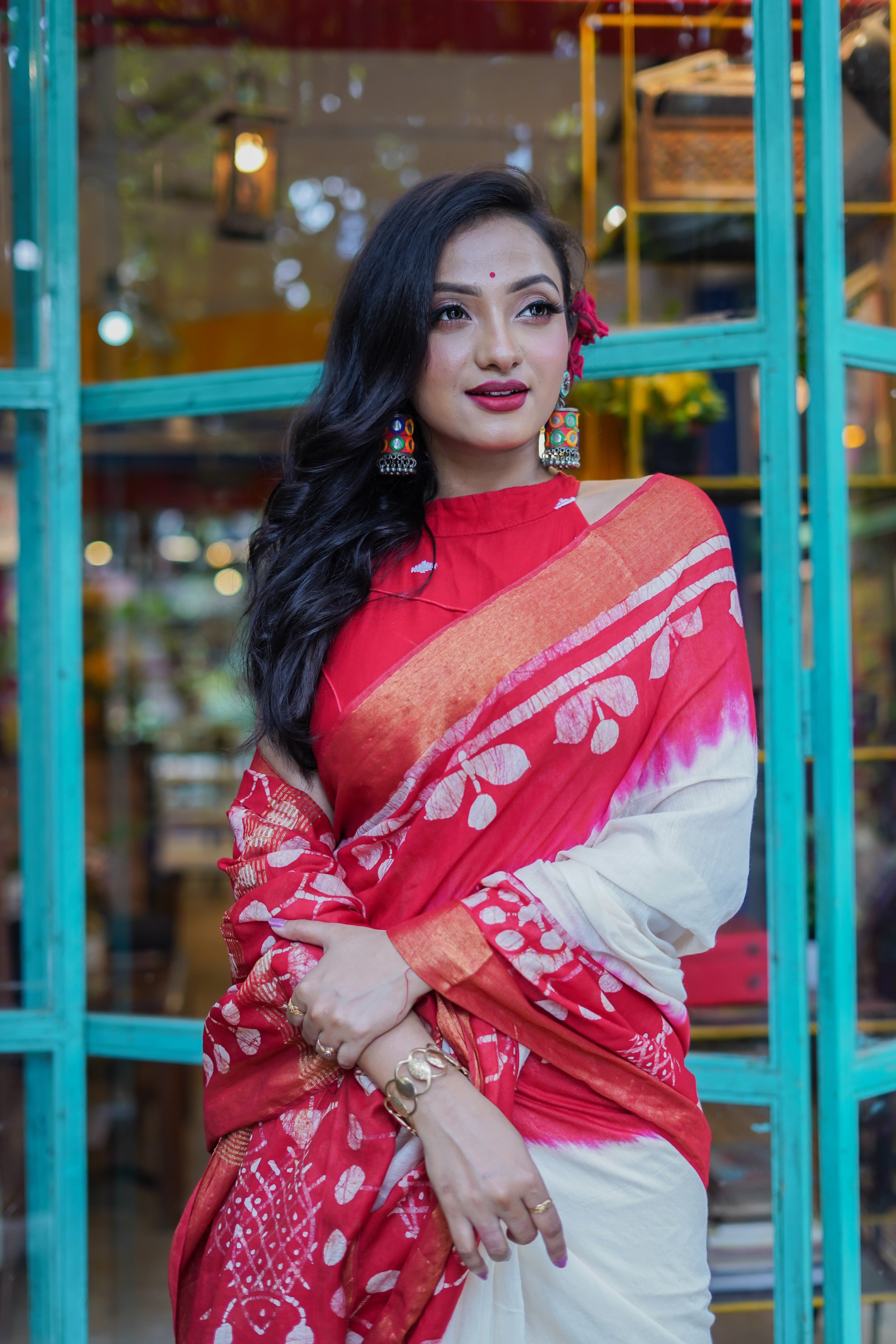 White & Red handblock pure chanderi silk saree