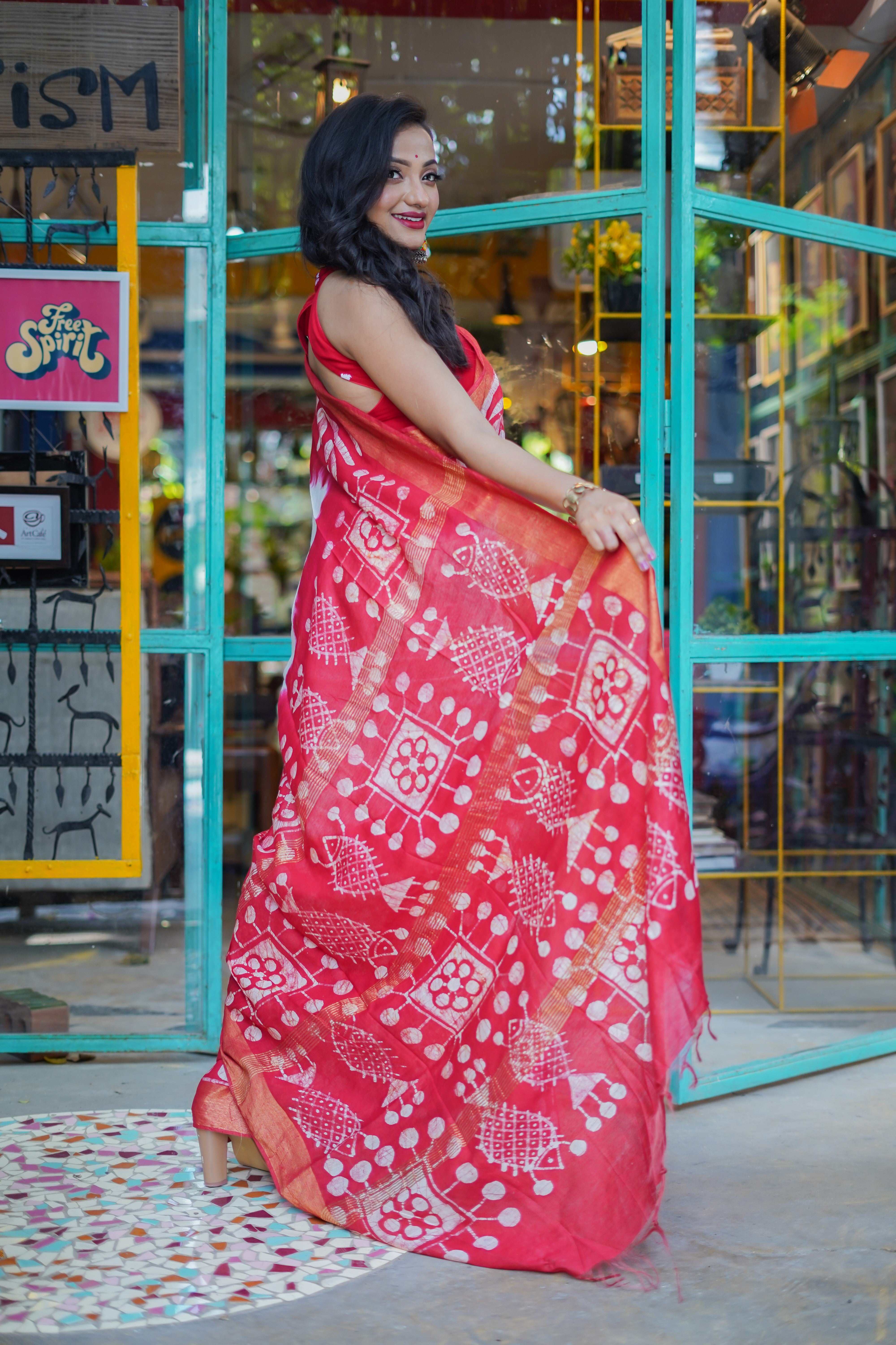 White & Red handblock pure chanderi silk saree