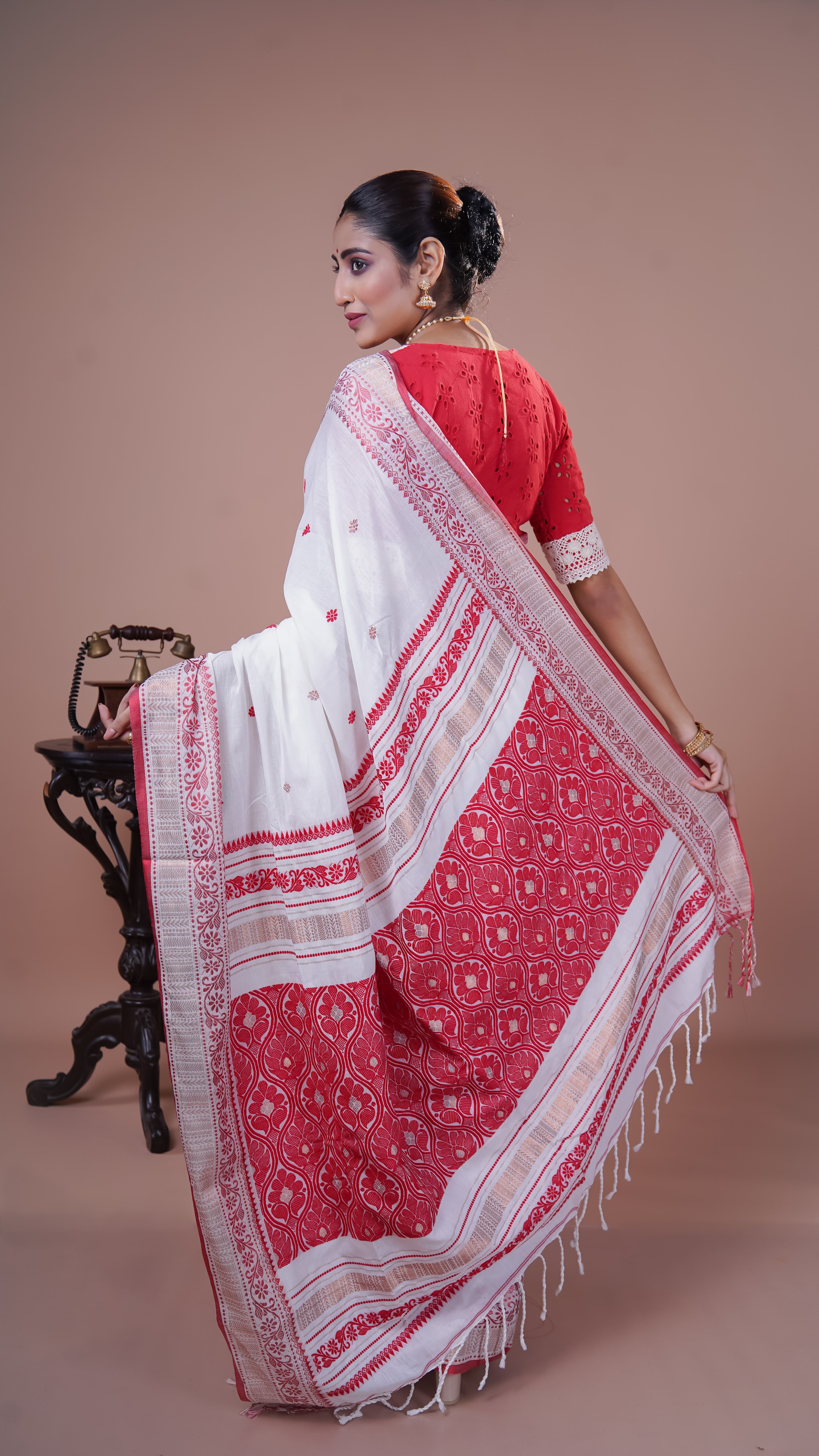 White & Red pure Mashrise Cotton handwoven saree