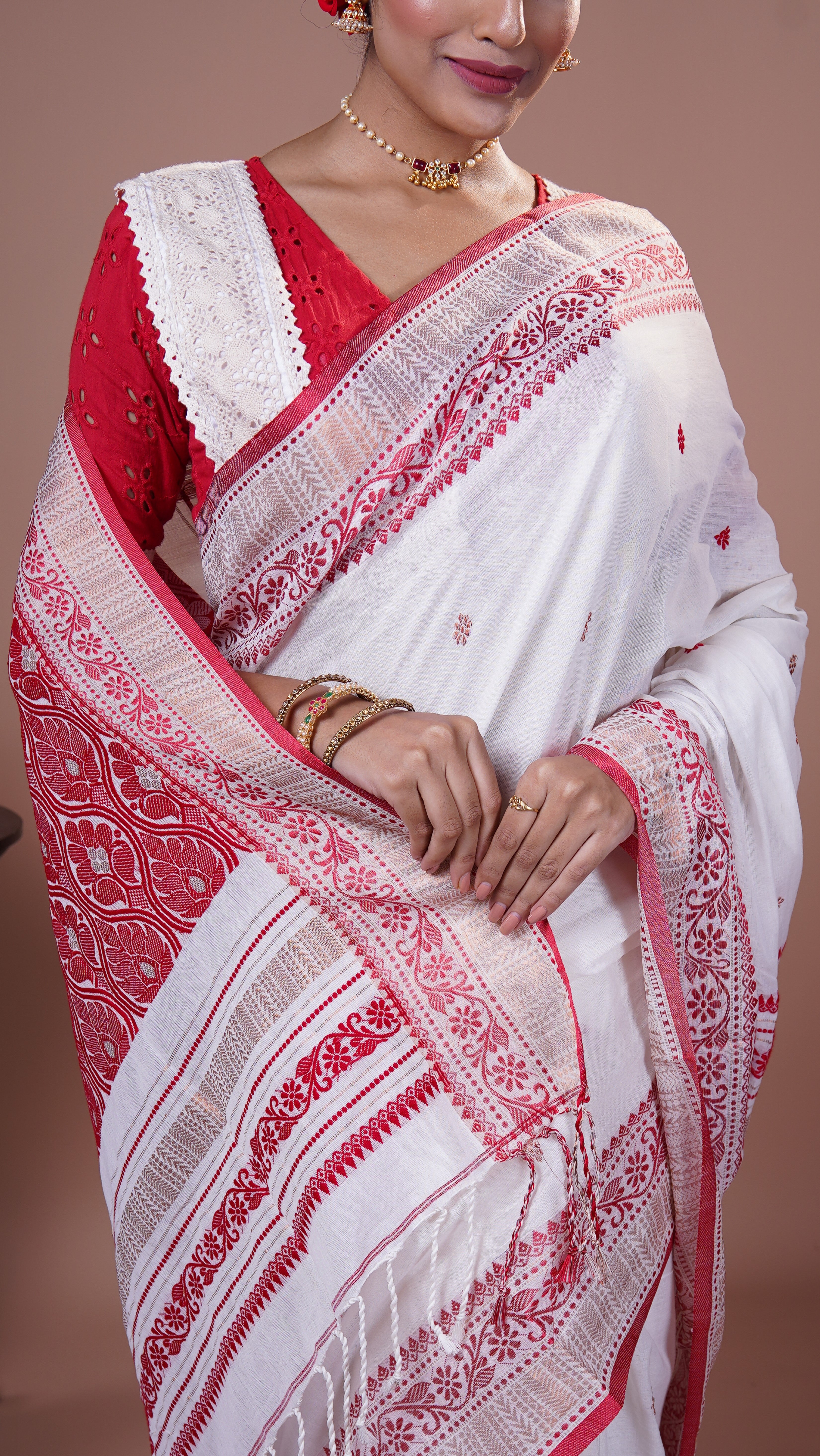 White & Red pure Mashrise Cotton handwoven saree