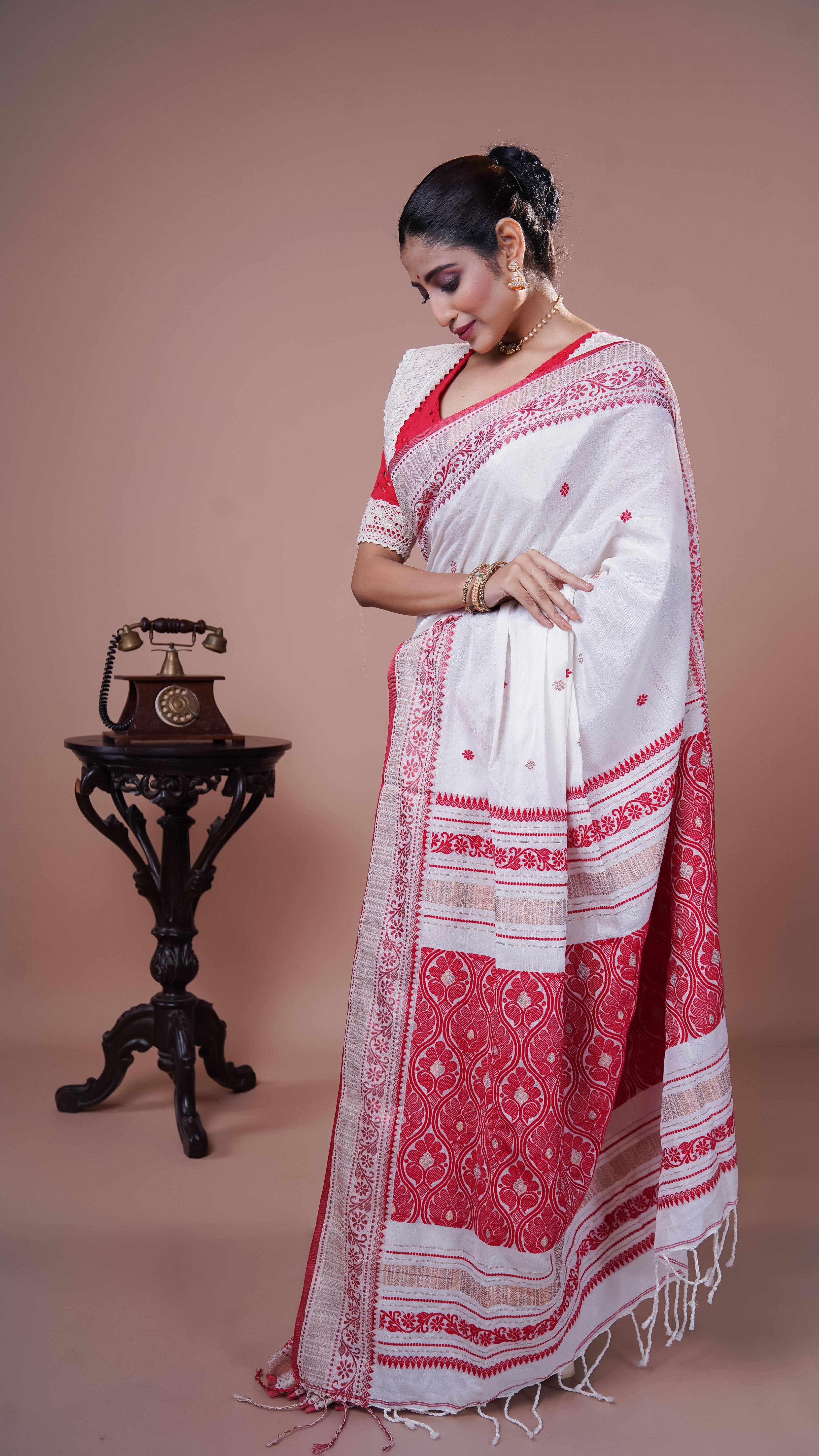 White & Red pure Mashrise Cotton handwoven saree