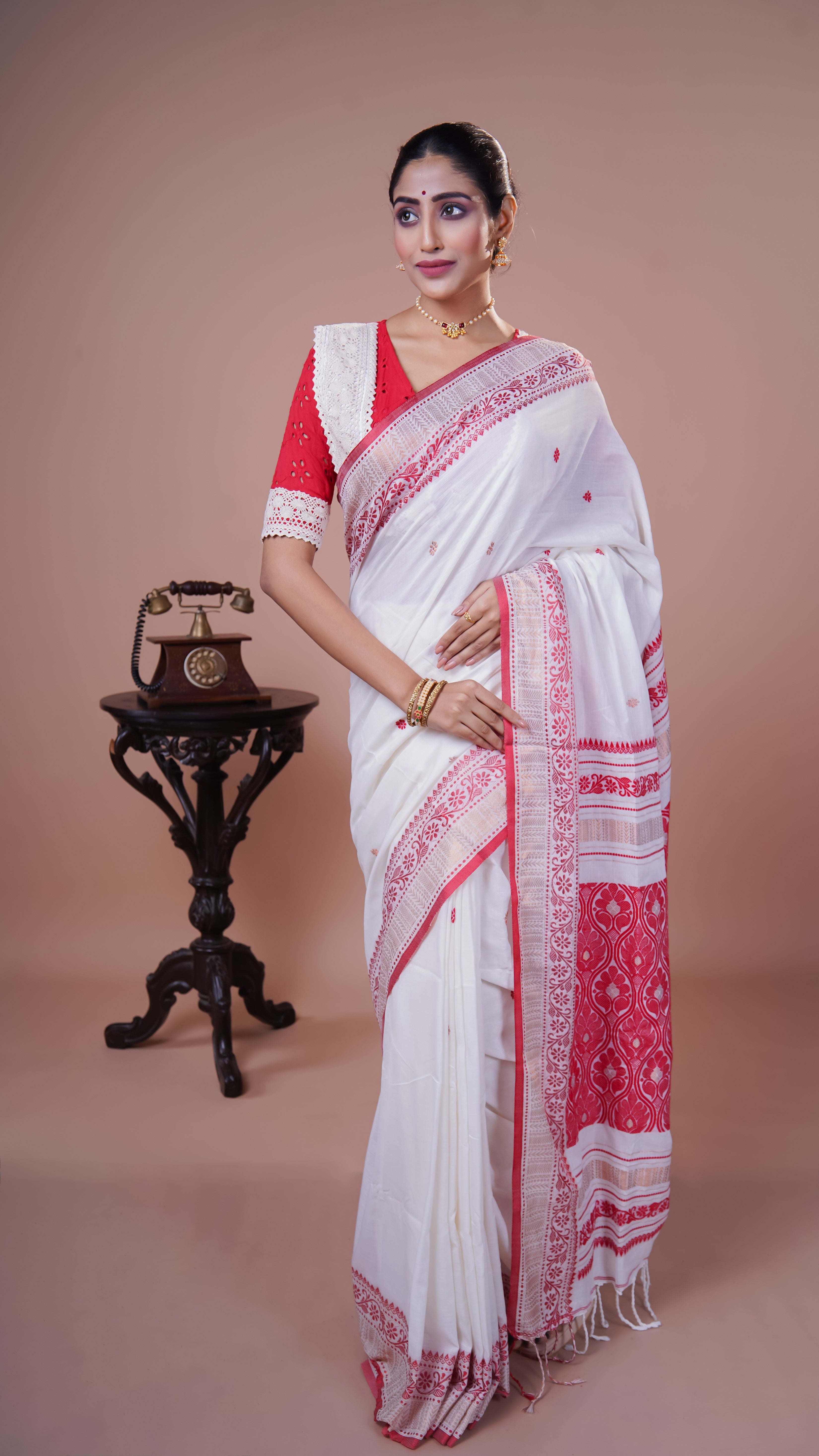 White & Red pure Mashrise Cotton handwoven saree