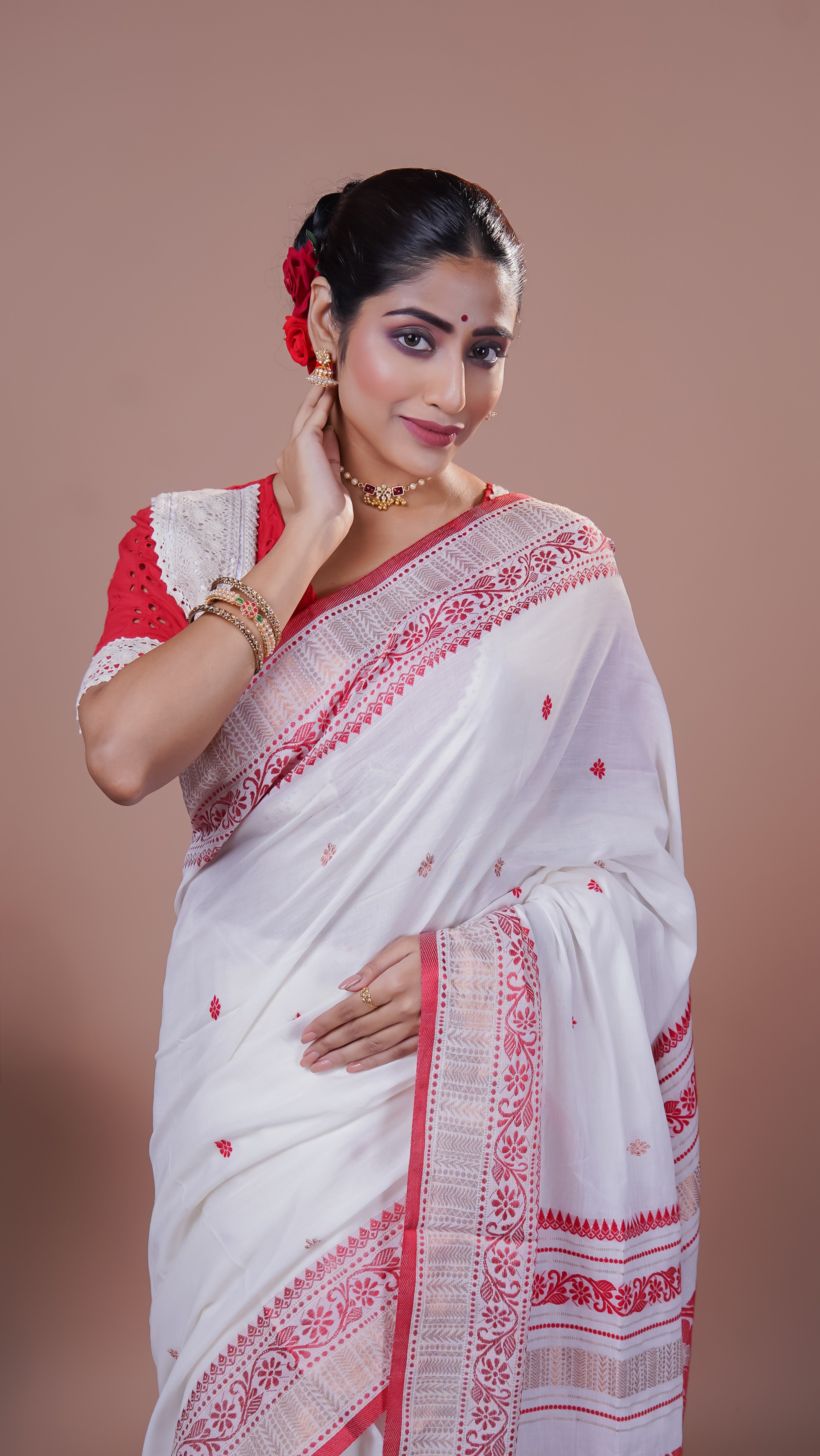 White & Red pure Mashrise Cotton handwoven saree