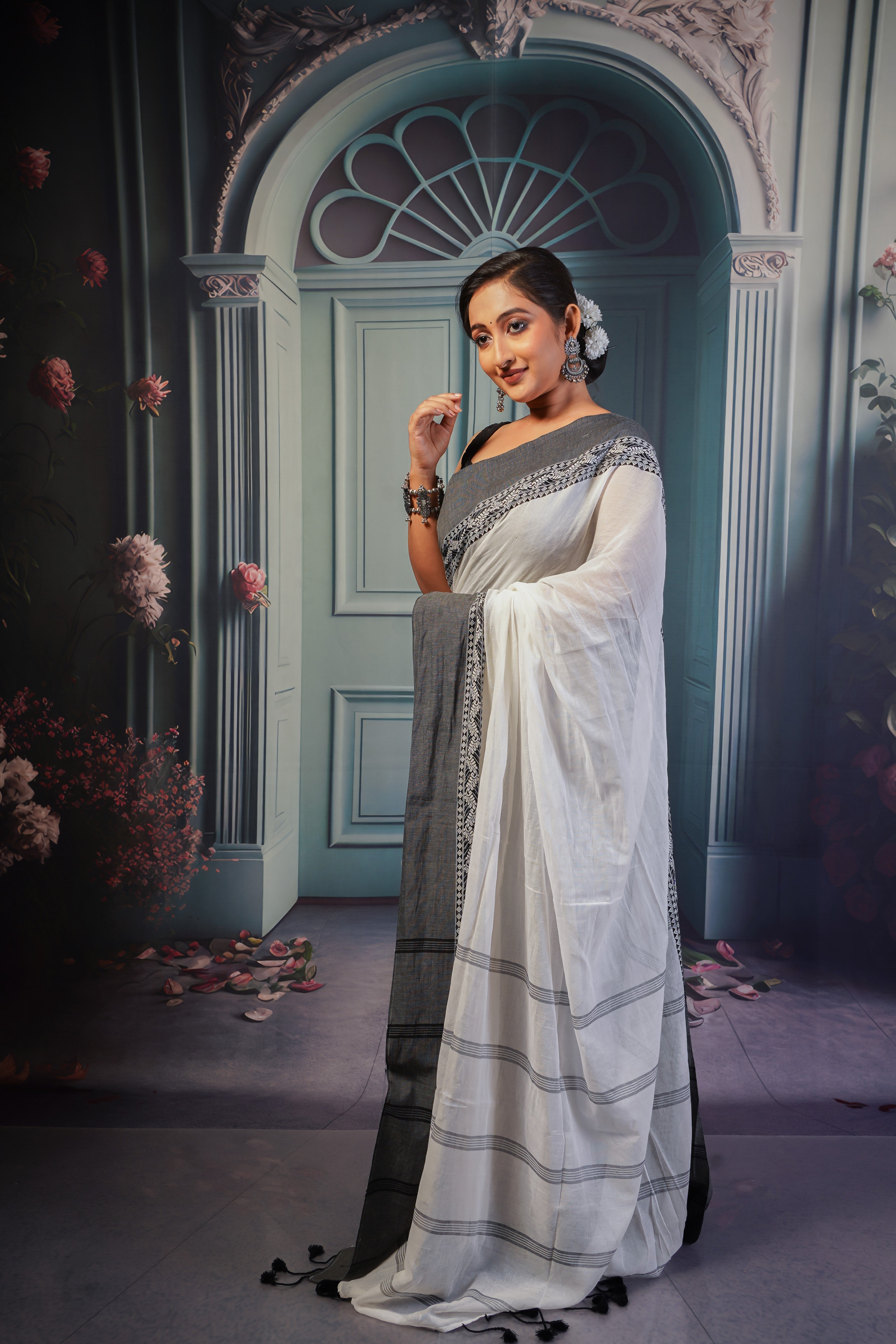 White & grey pure mulmul cotton saree