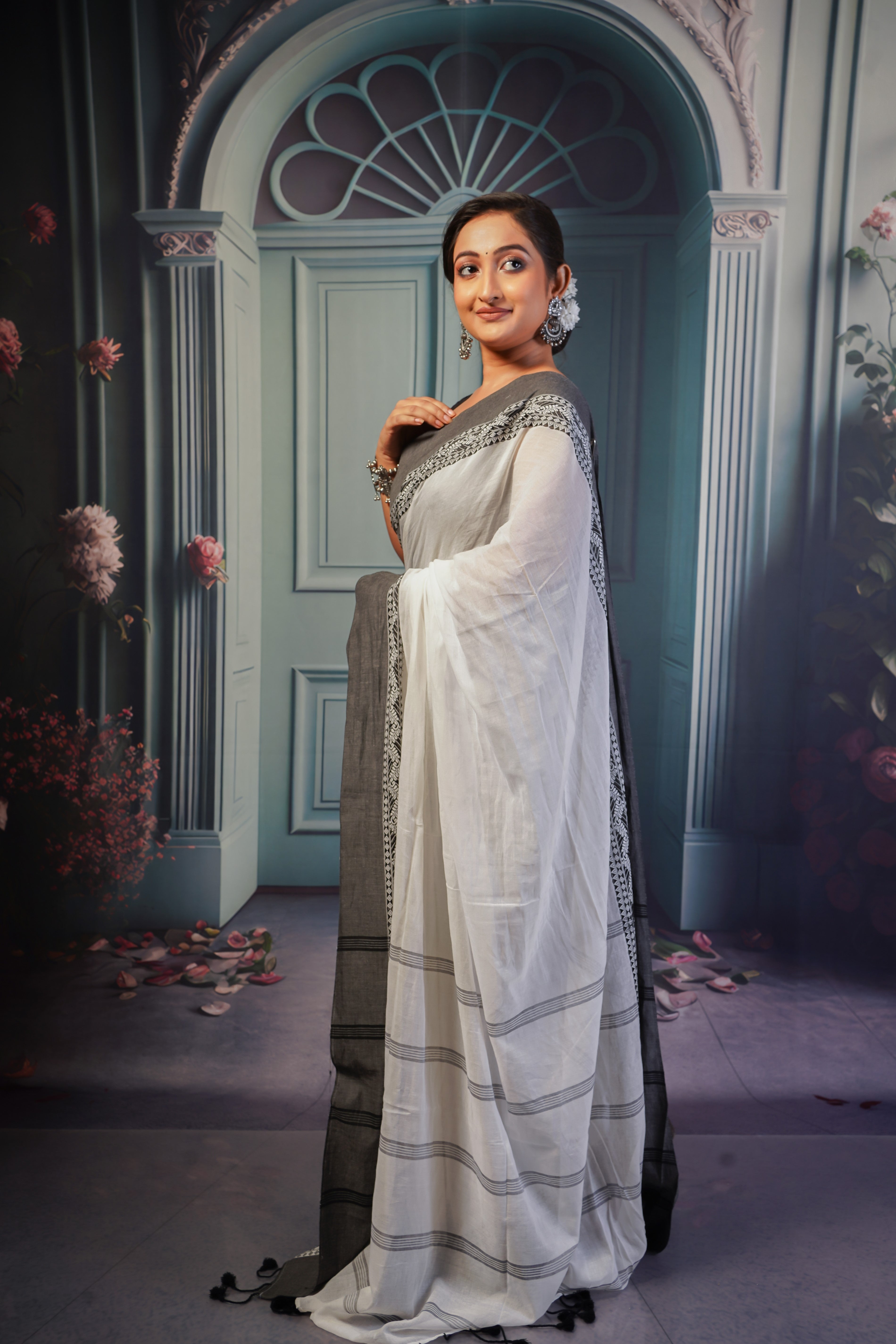 White & grey pure mulmul cotton saree