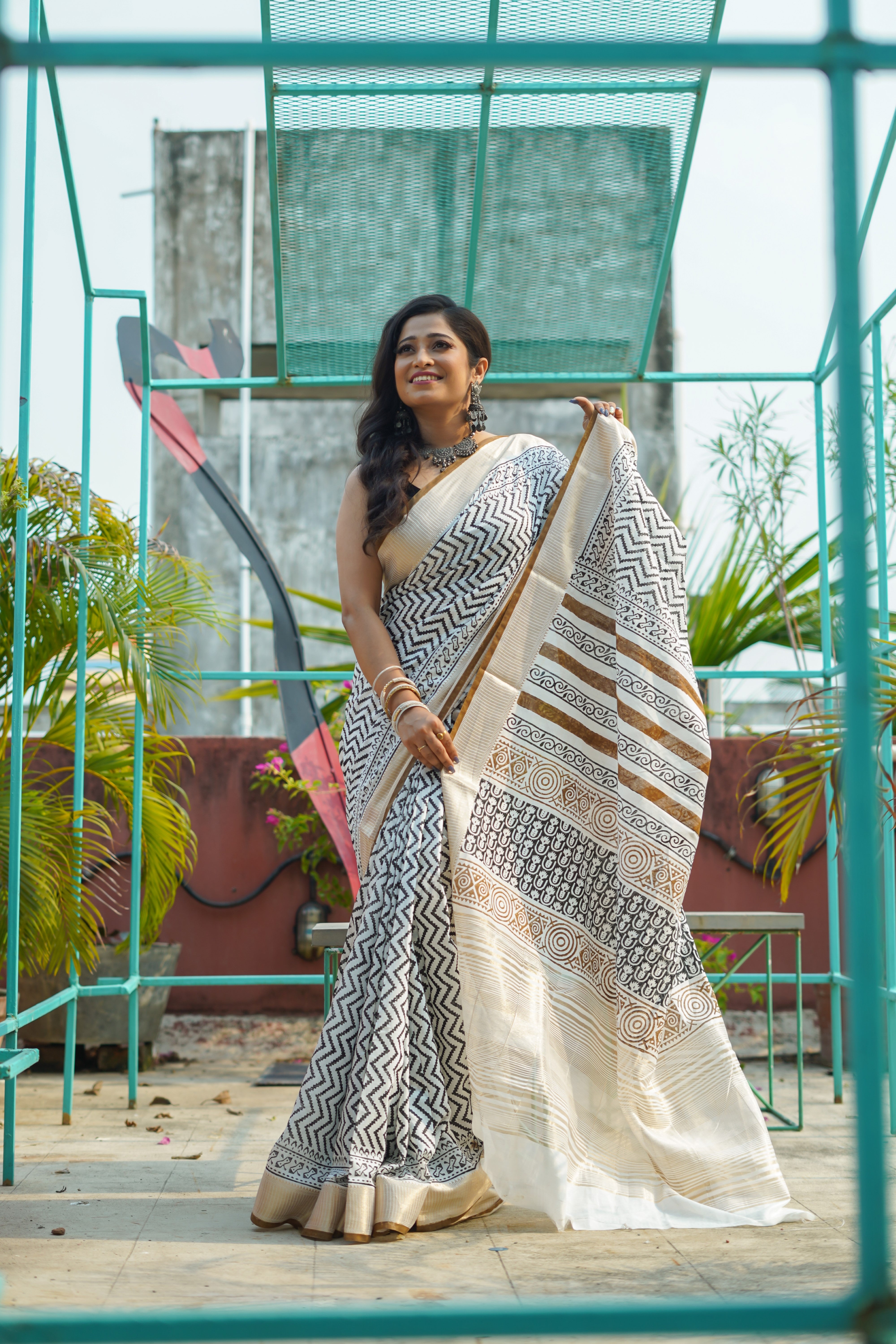 White & yellow Hand printed dola silk saree