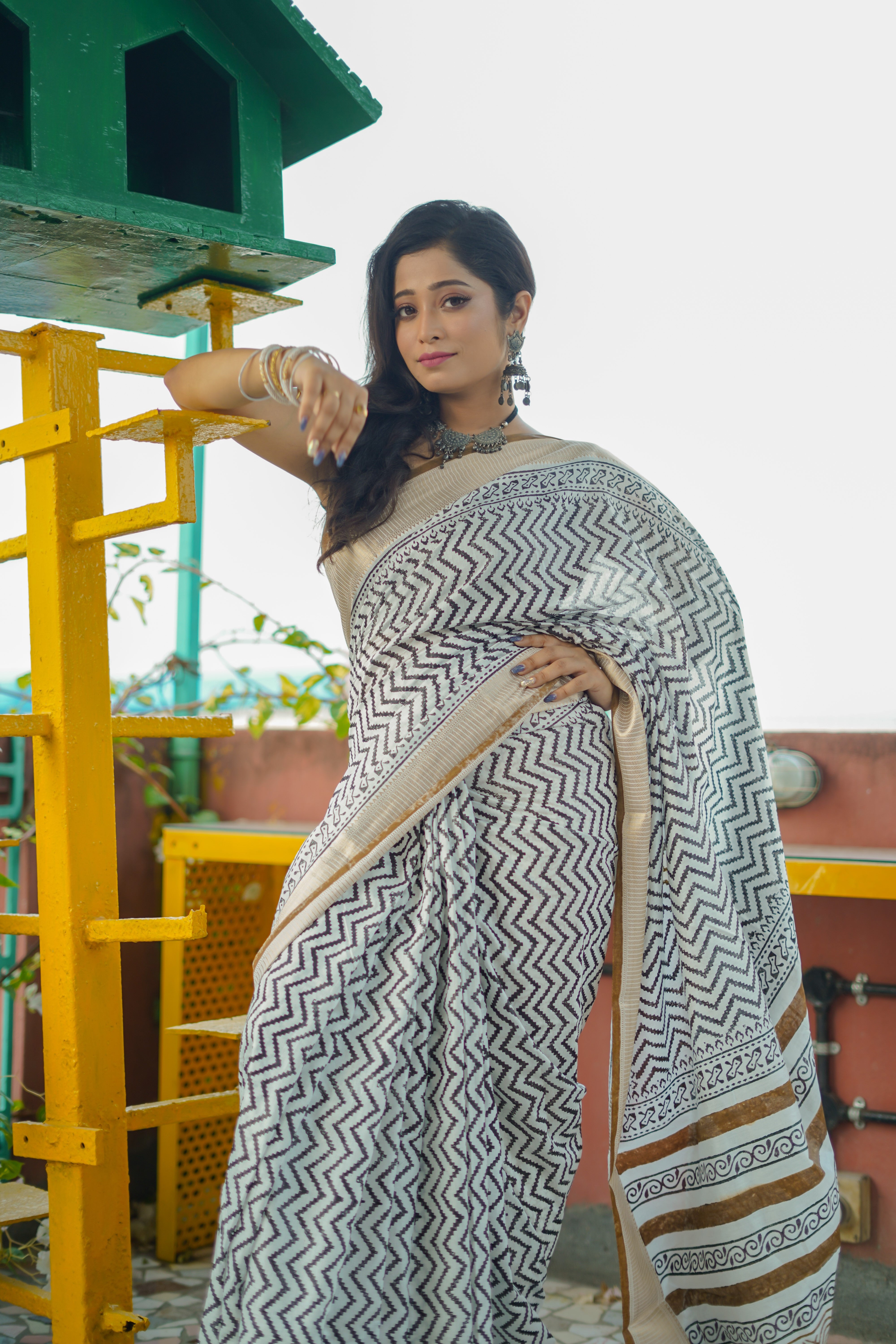 White & yellow Hand printed dola silk saree