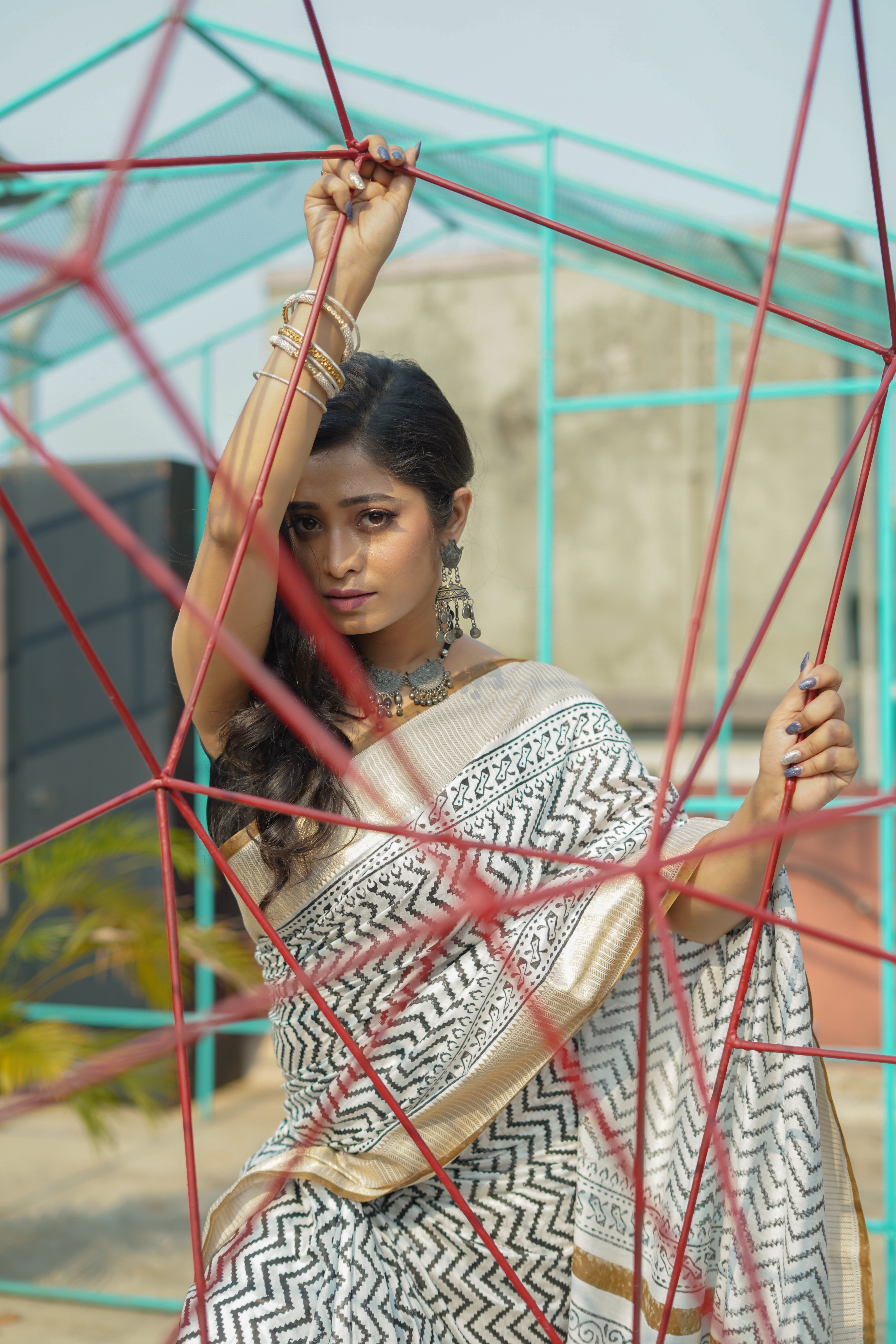 White & yellow Hand printed dola silk saree