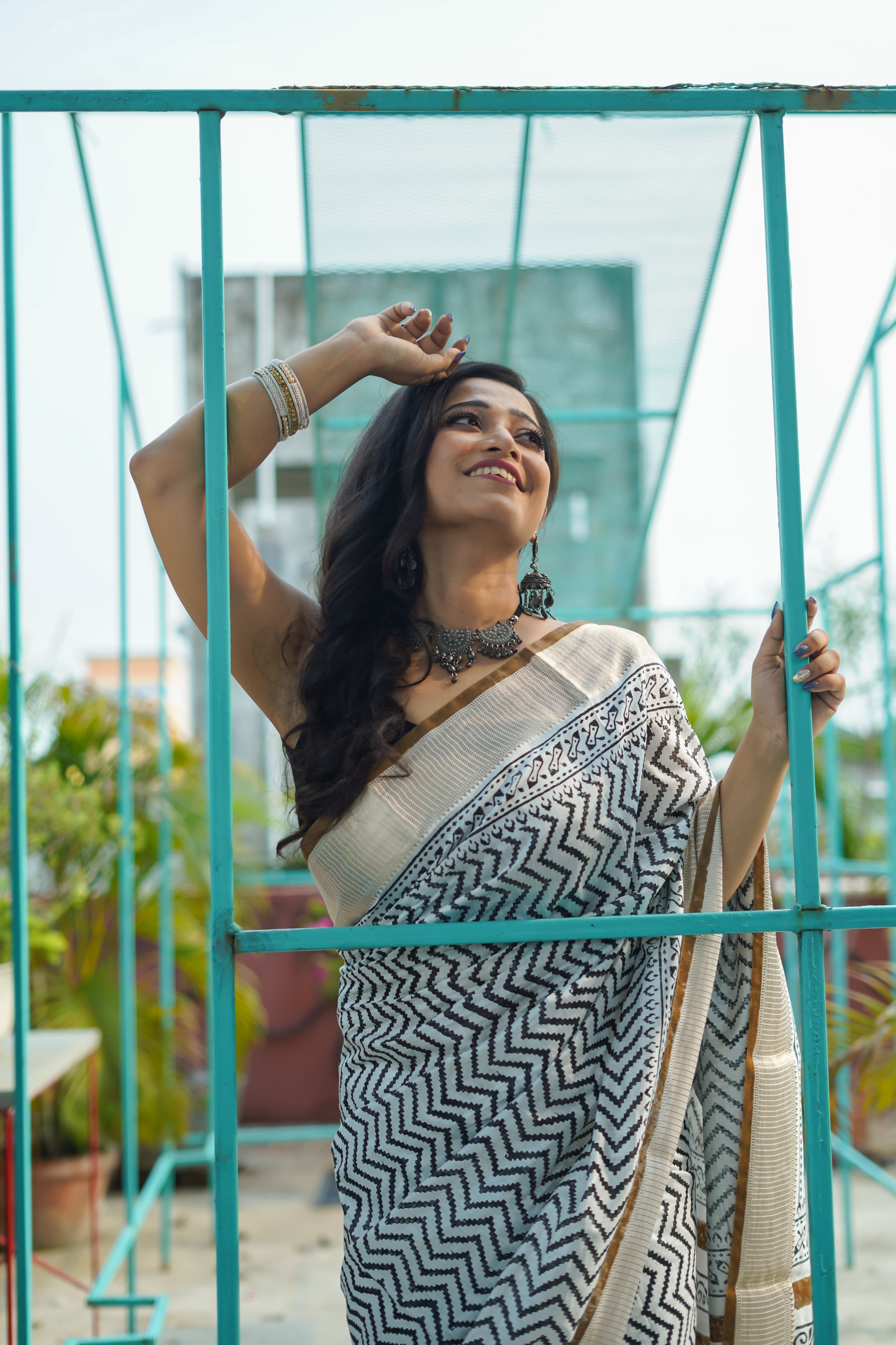 White & yellow Hand printed dola silk saree