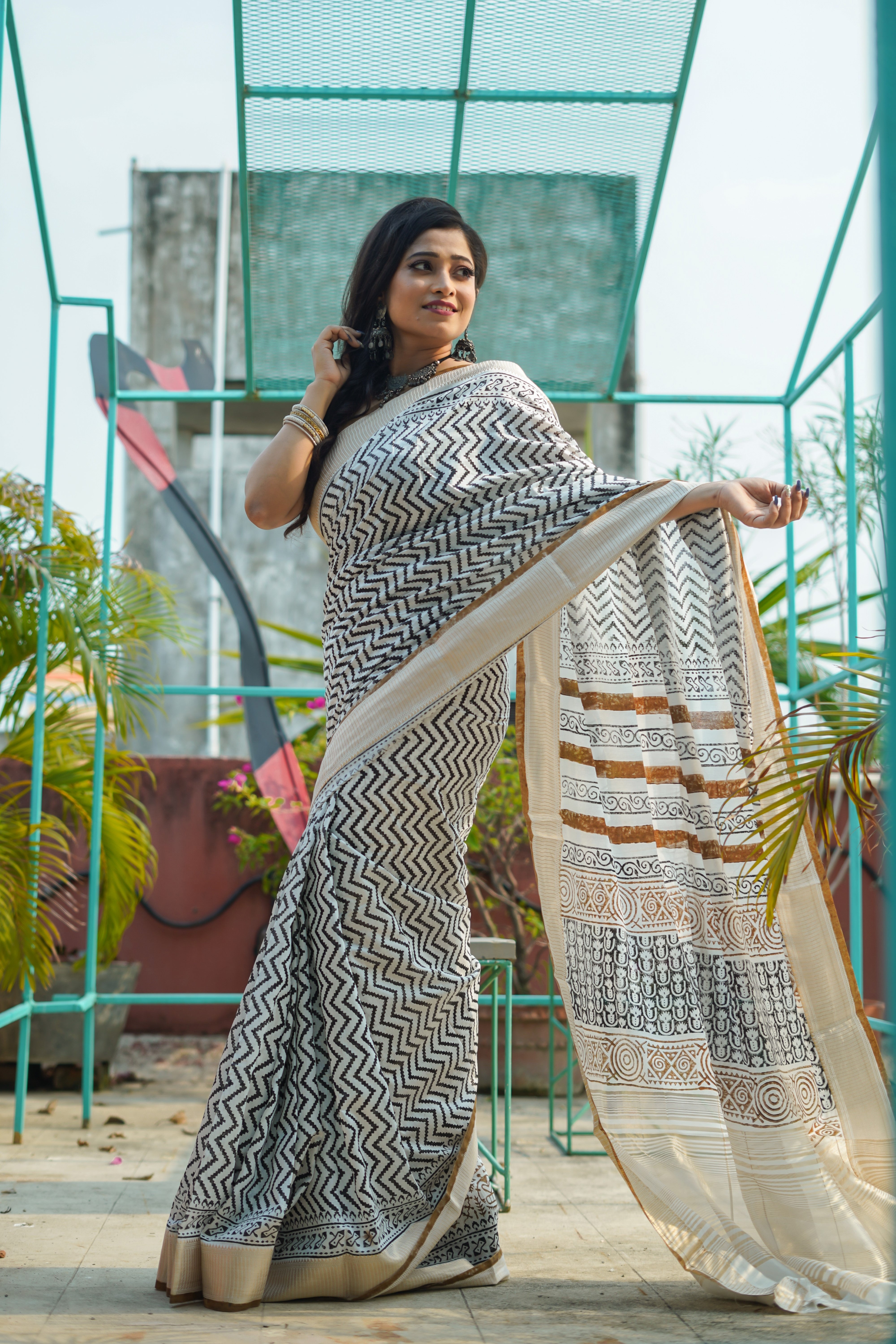 White & yellow Hand printed dola silk saree