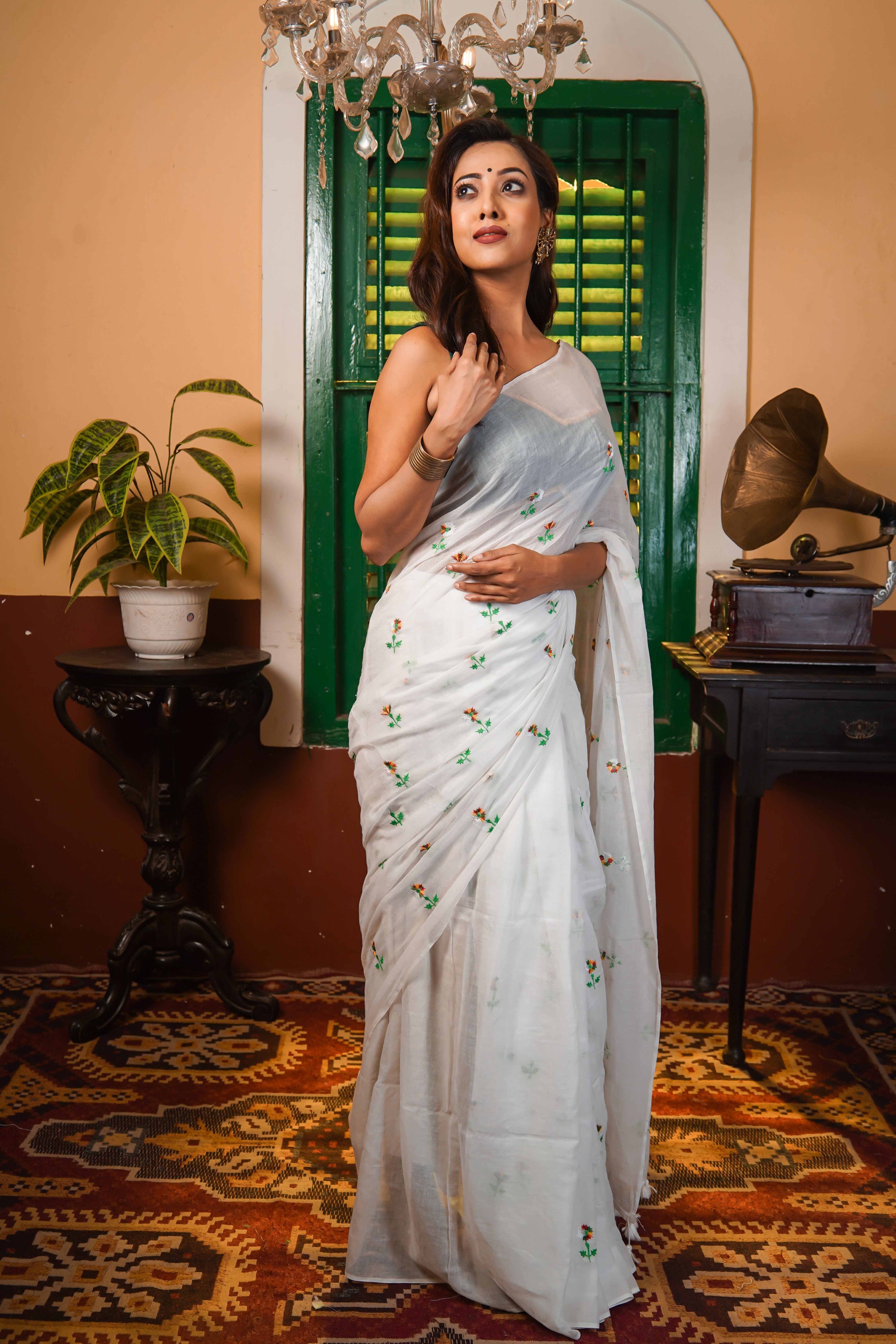 White Embroidered Pure Mul Cotton Saree