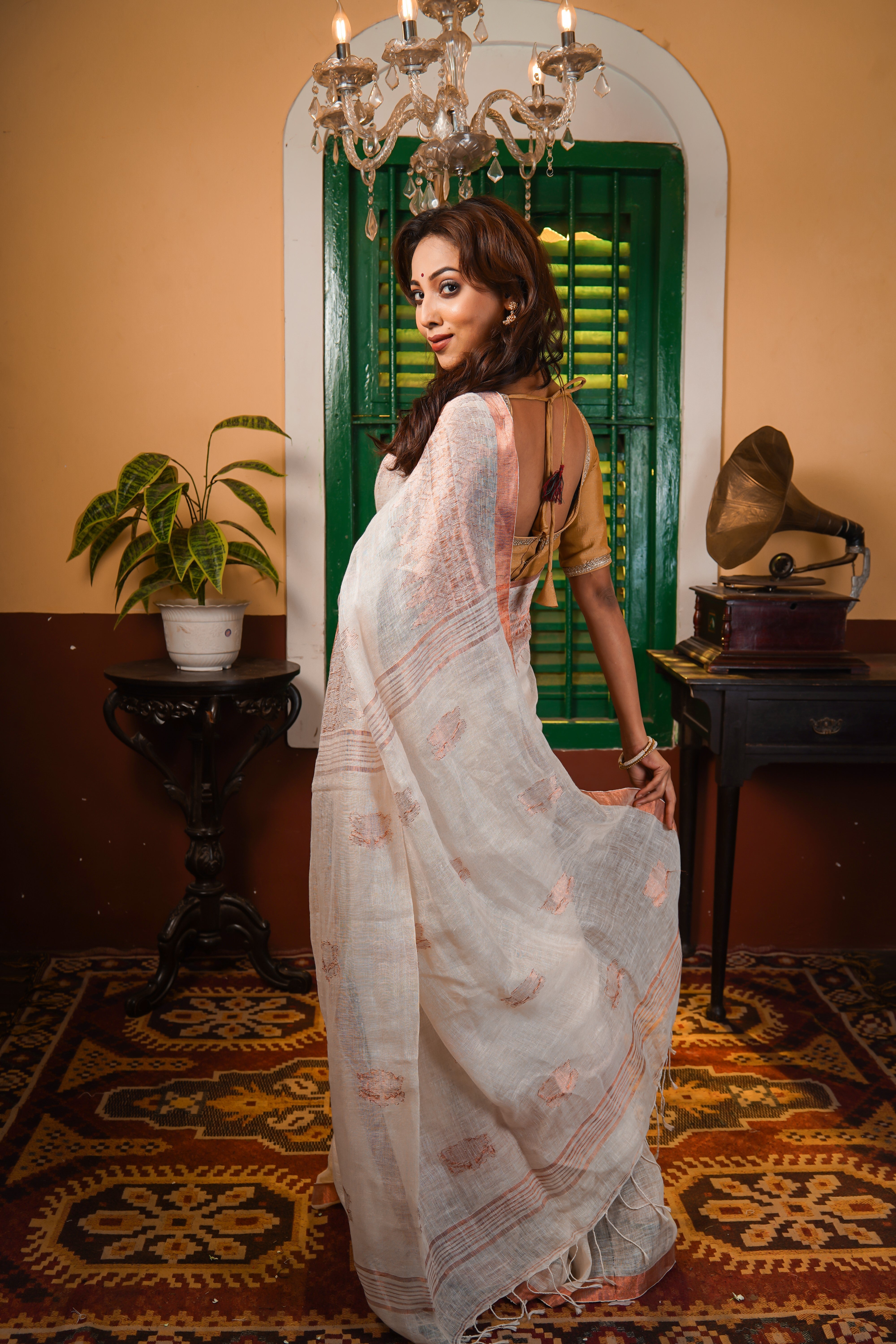 White khusboo pure linen handwoven saree