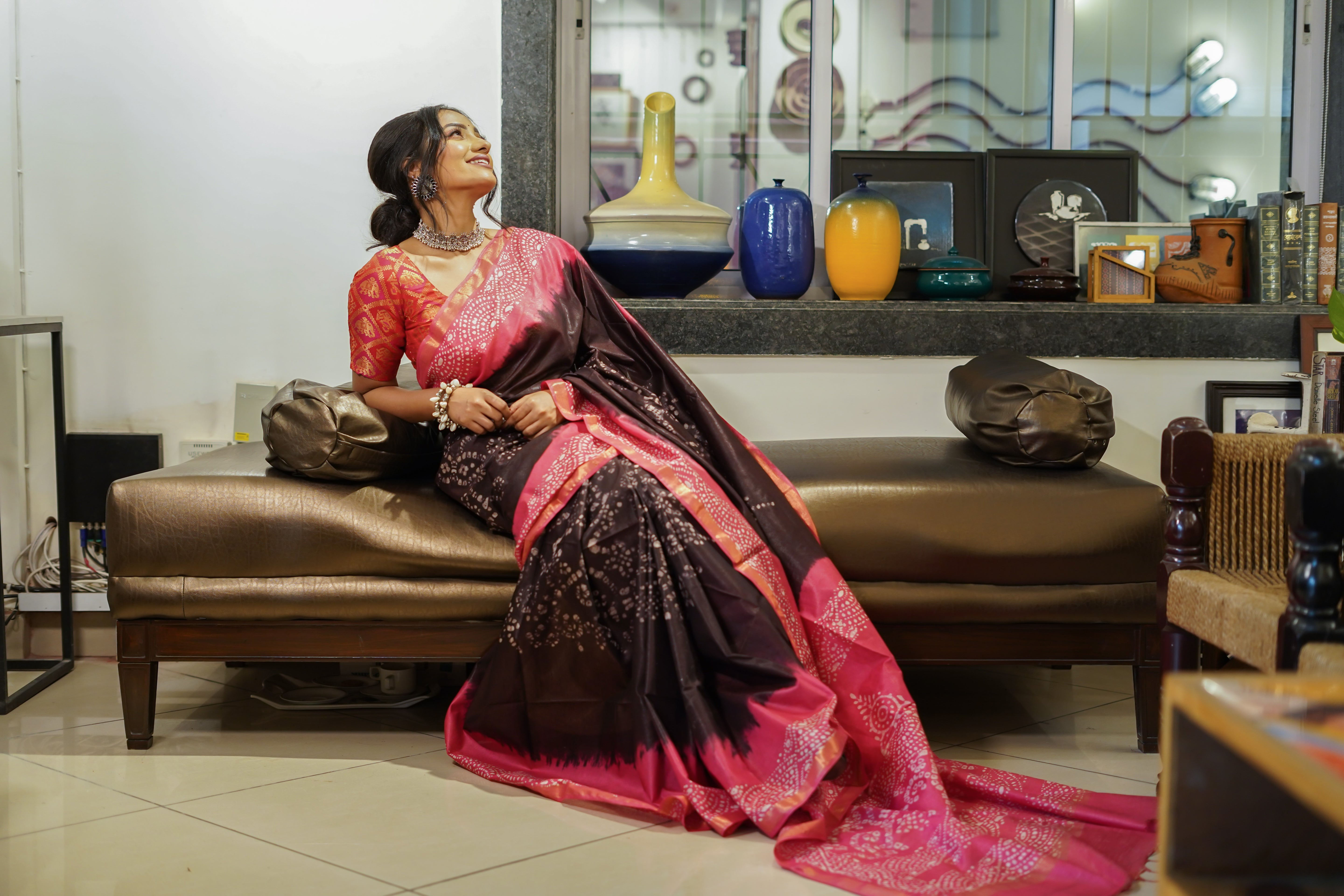 Wine Bandhani Hand Block Pure Chanderi Silk Saree