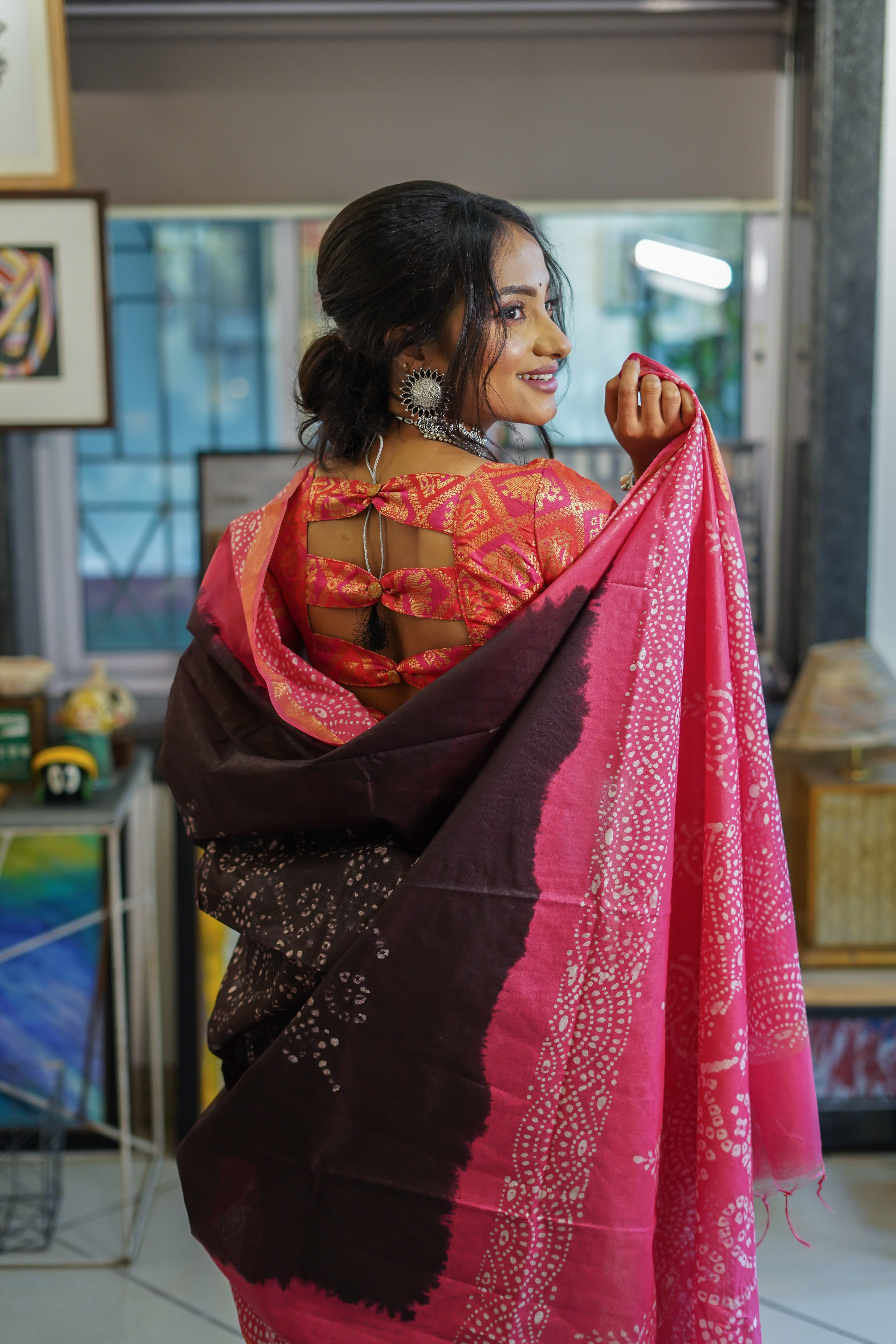 Wine Bandhani Hand Block Pure Chanderi Silk Saree