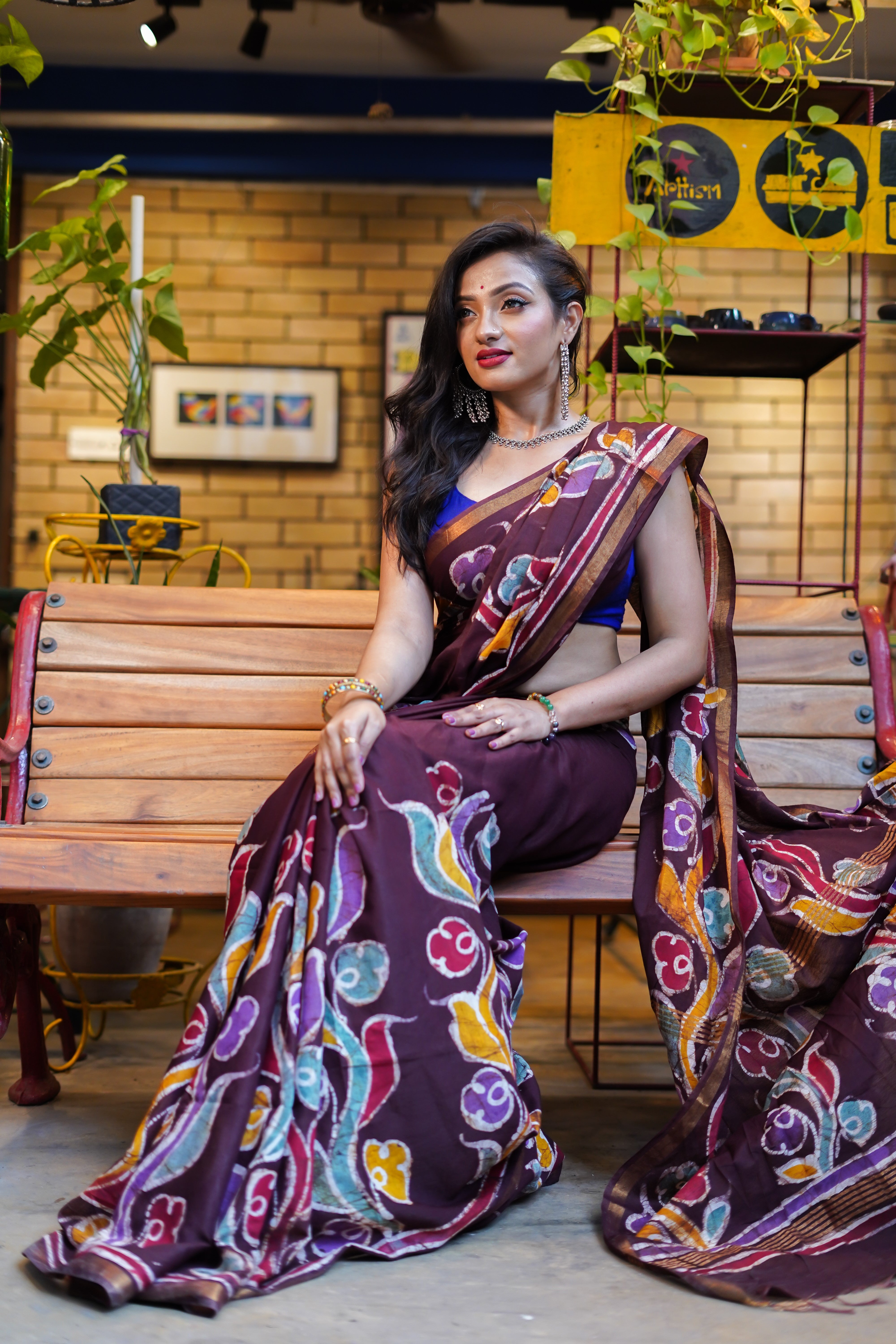 Wine Hand Block Pure Chanderi Silk Saree