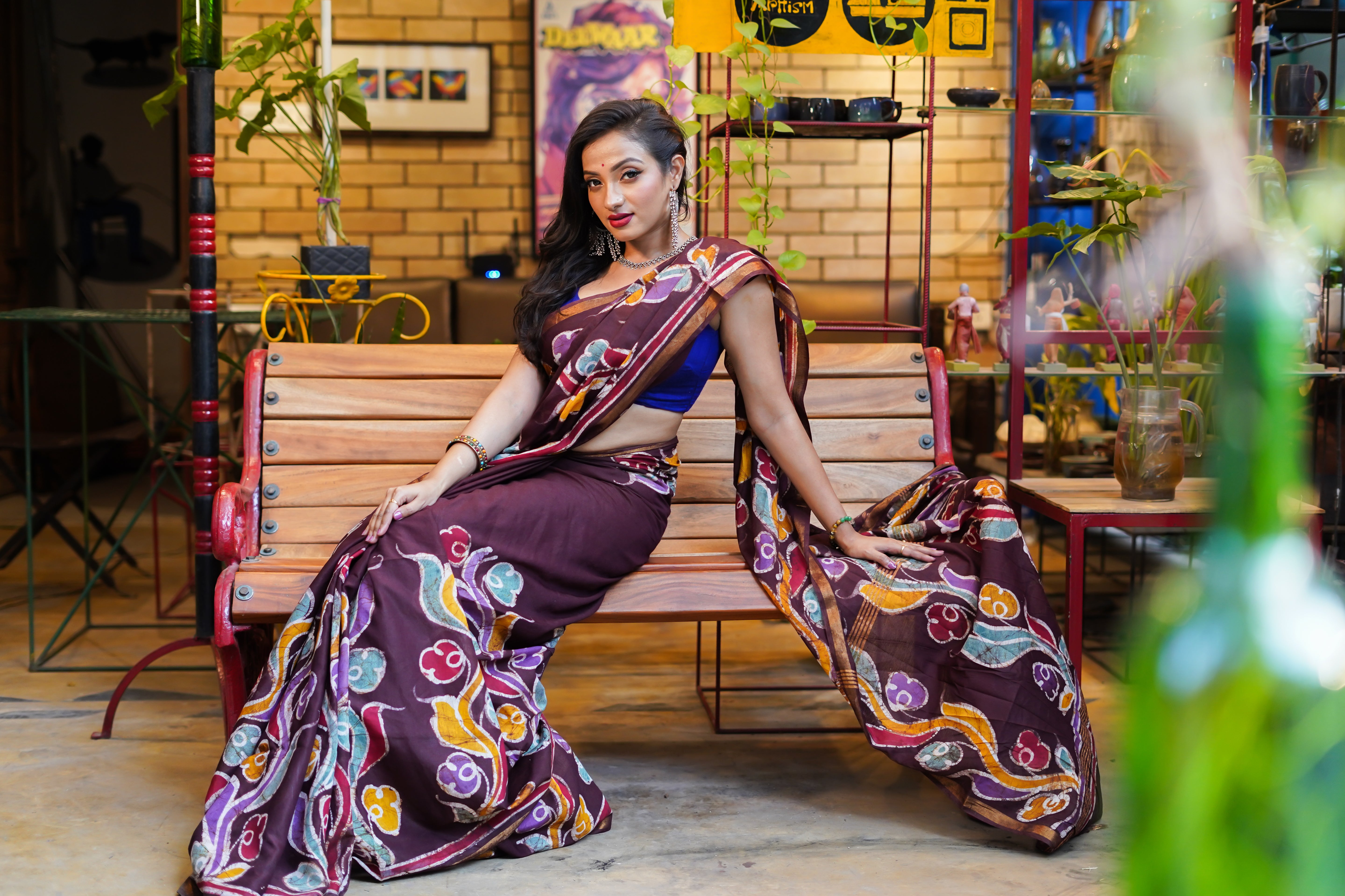 Wine Hand Block Pure Chanderi Silk Saree