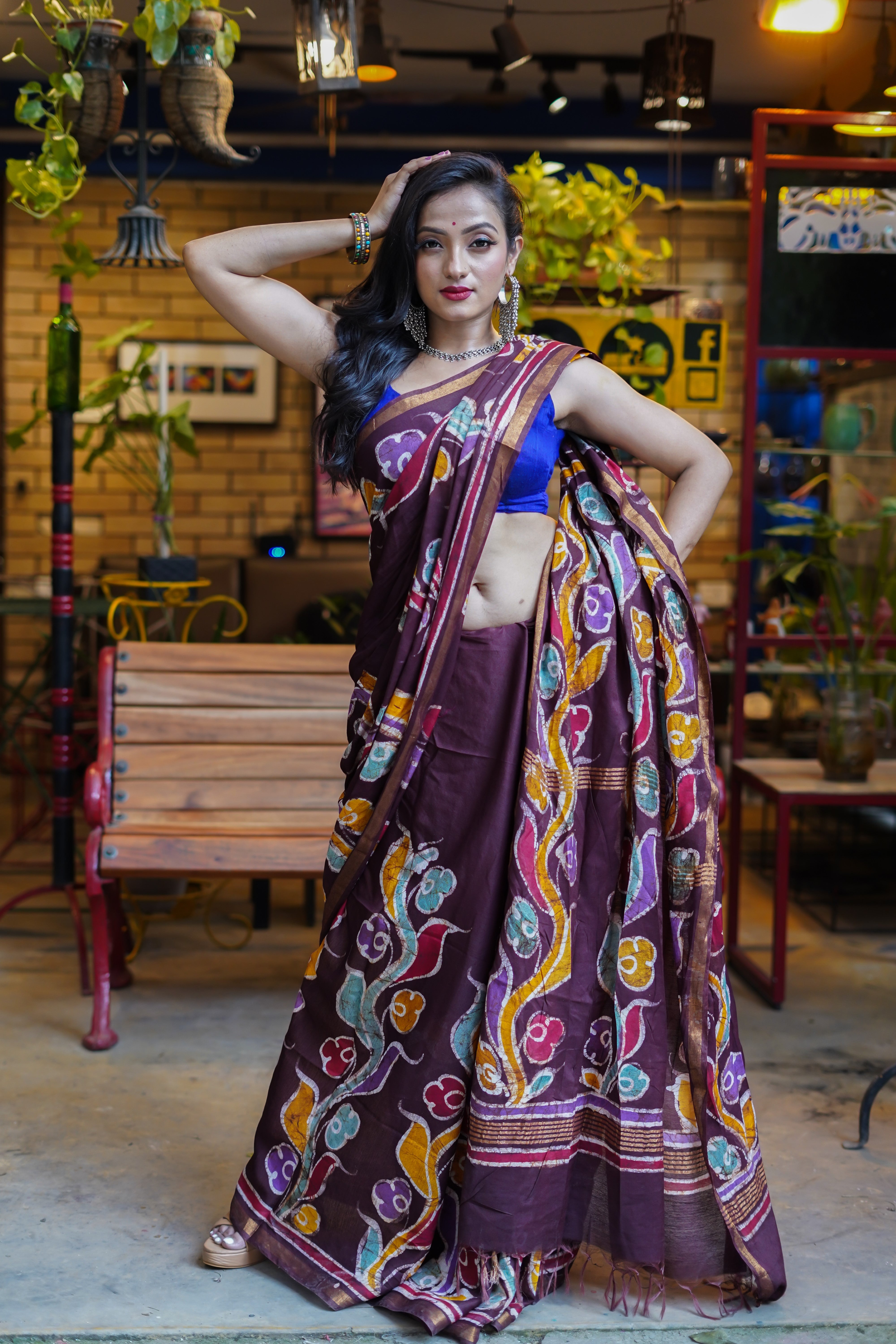 Wine Hand Block Pure Chanderi Silk Saree