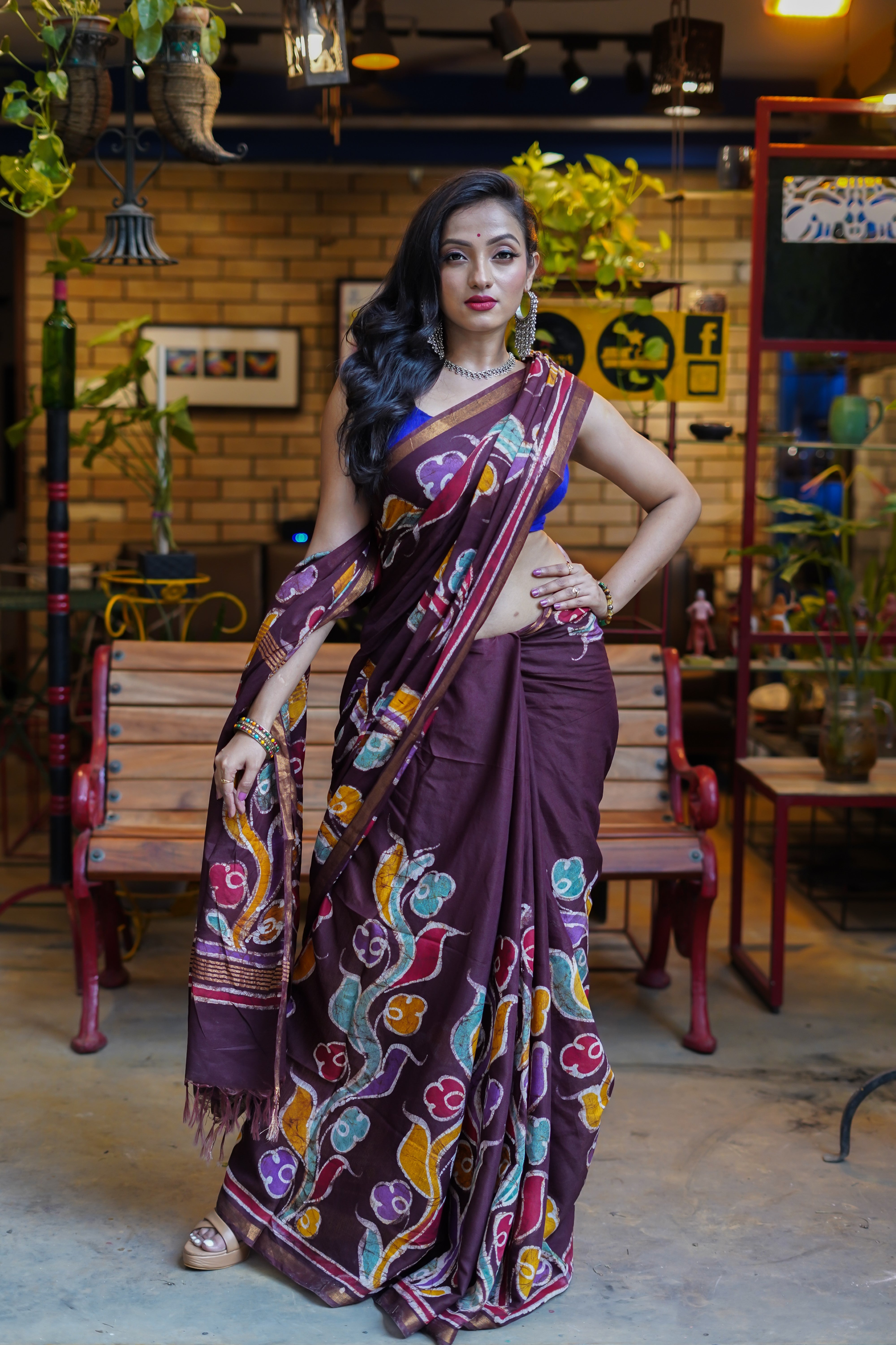 Wine Hand Block Pure Chanderi Silk Saree