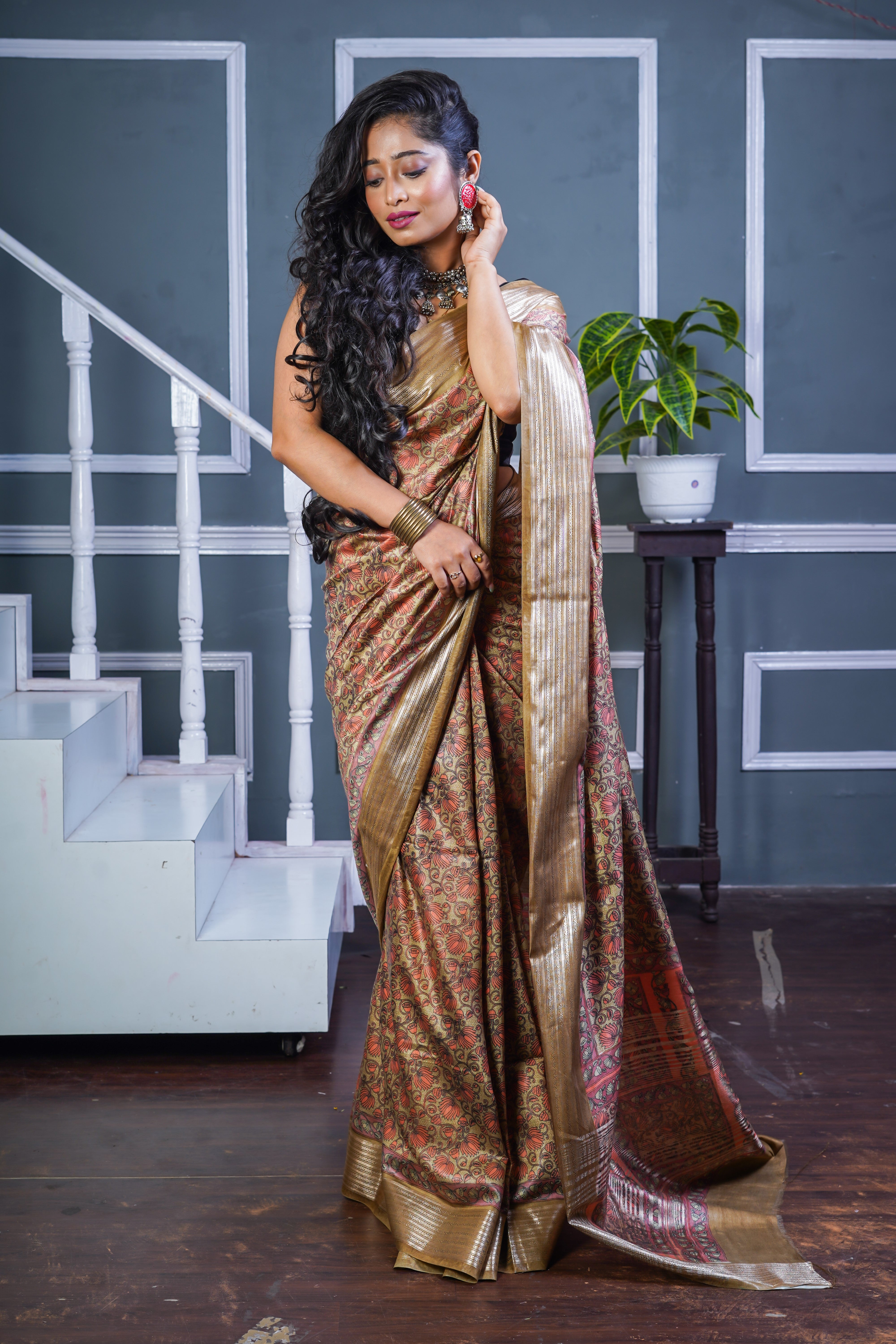 Wood Pure Maheswari Silk Hand Block Saree