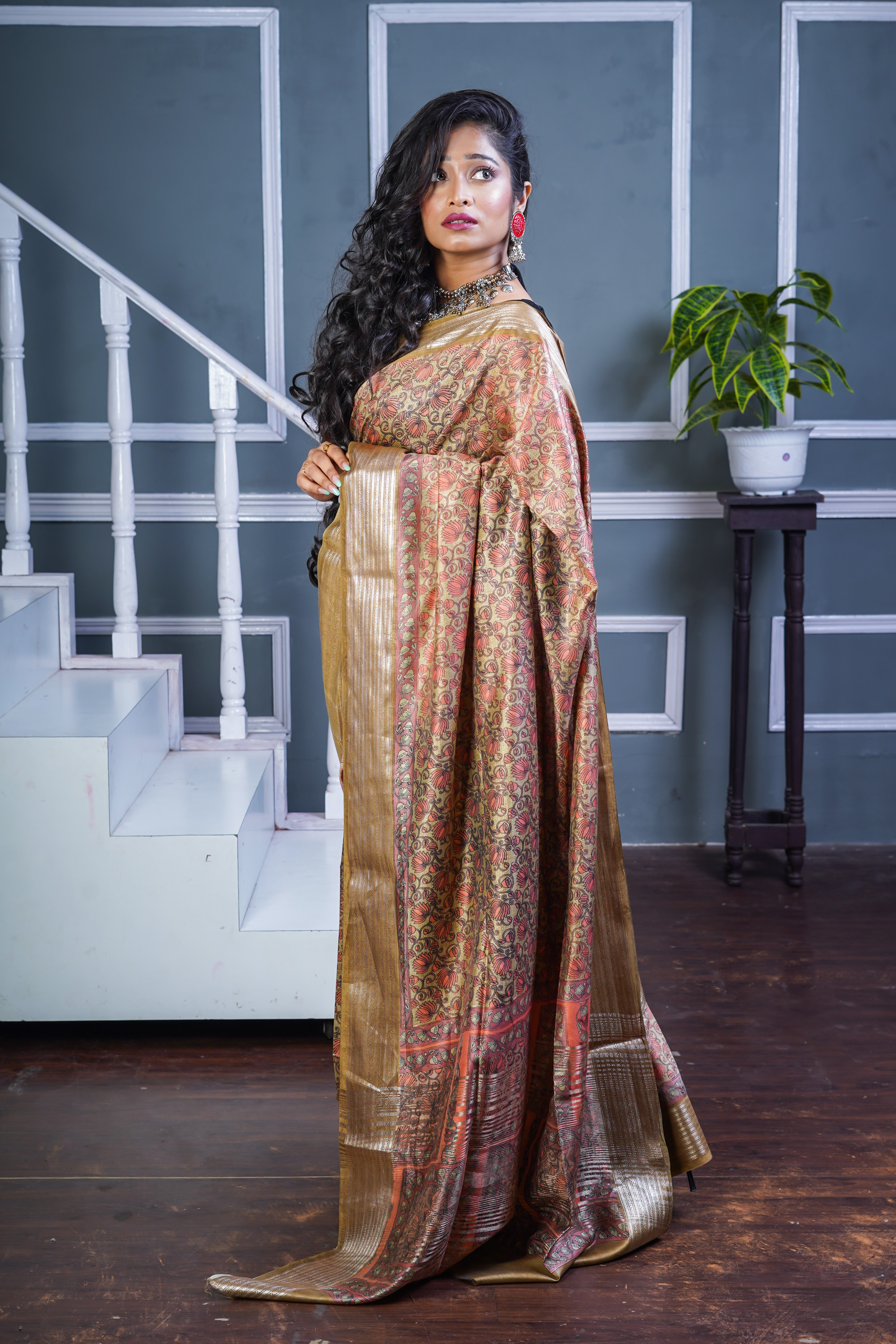 Wood Pure Maheswari Silk Hand Block Saree