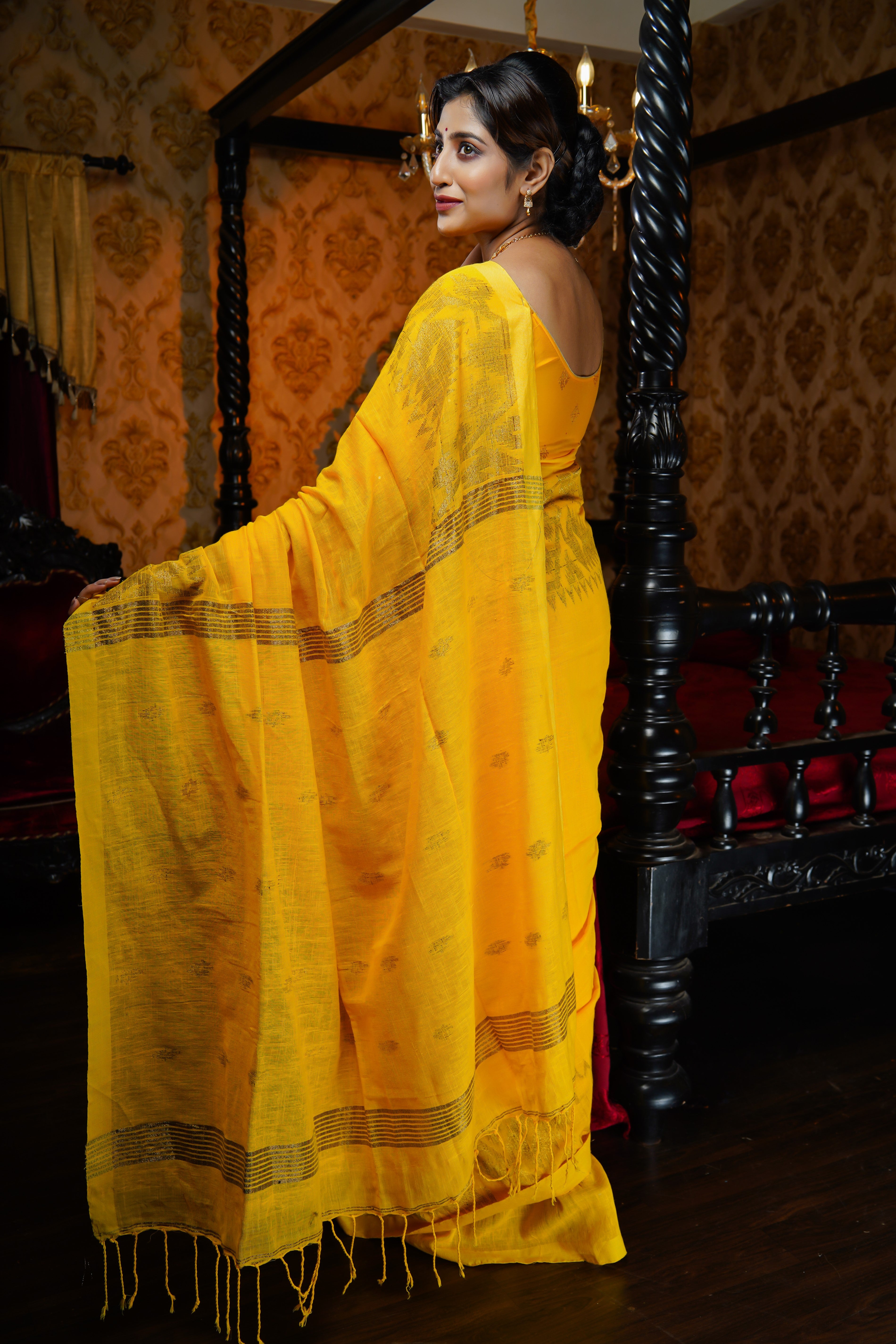 Yellow Karaat Pure Linen Handwoven Saree