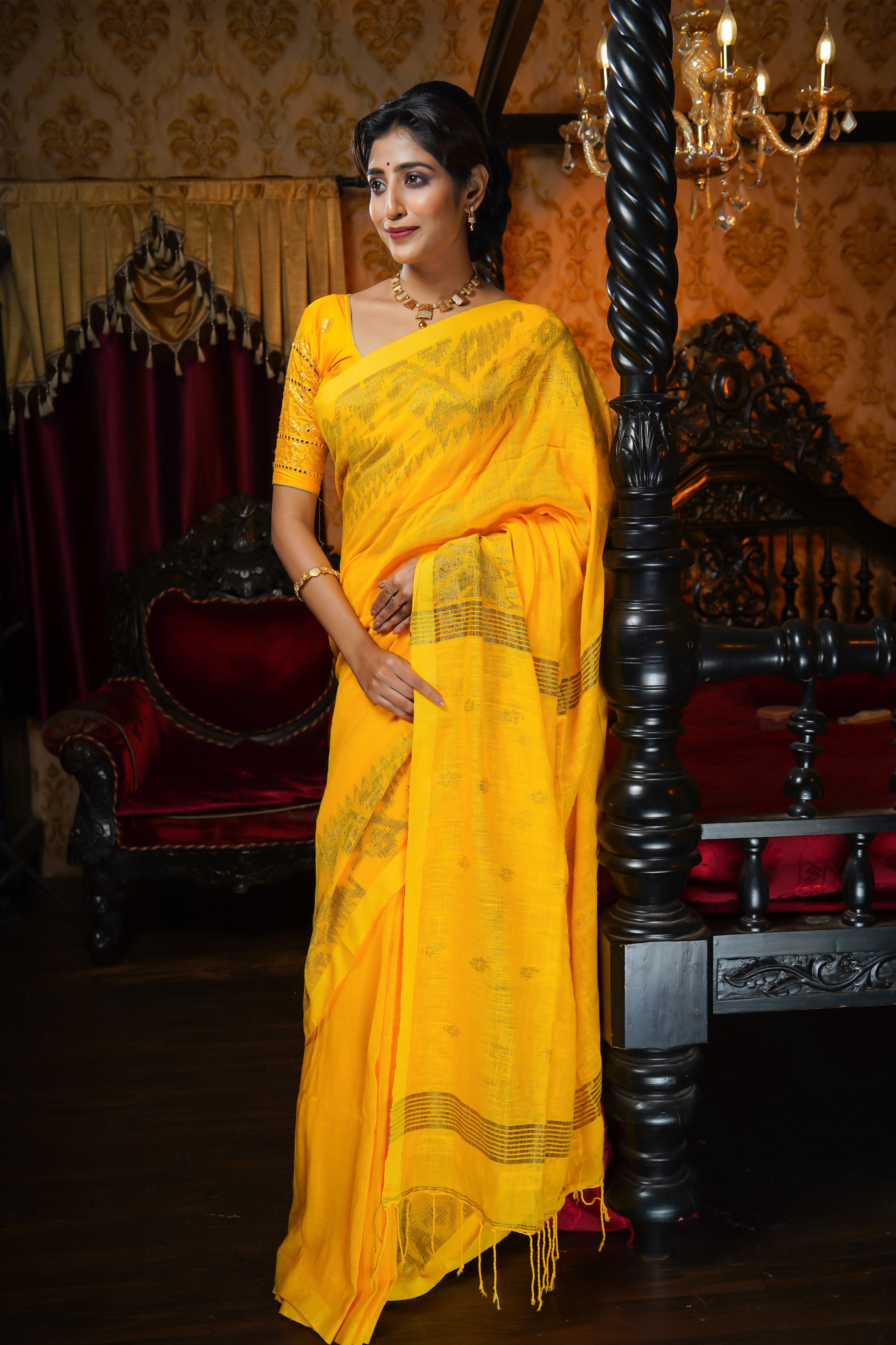 Yellow Karaat Pure Linen Handwoven Saree